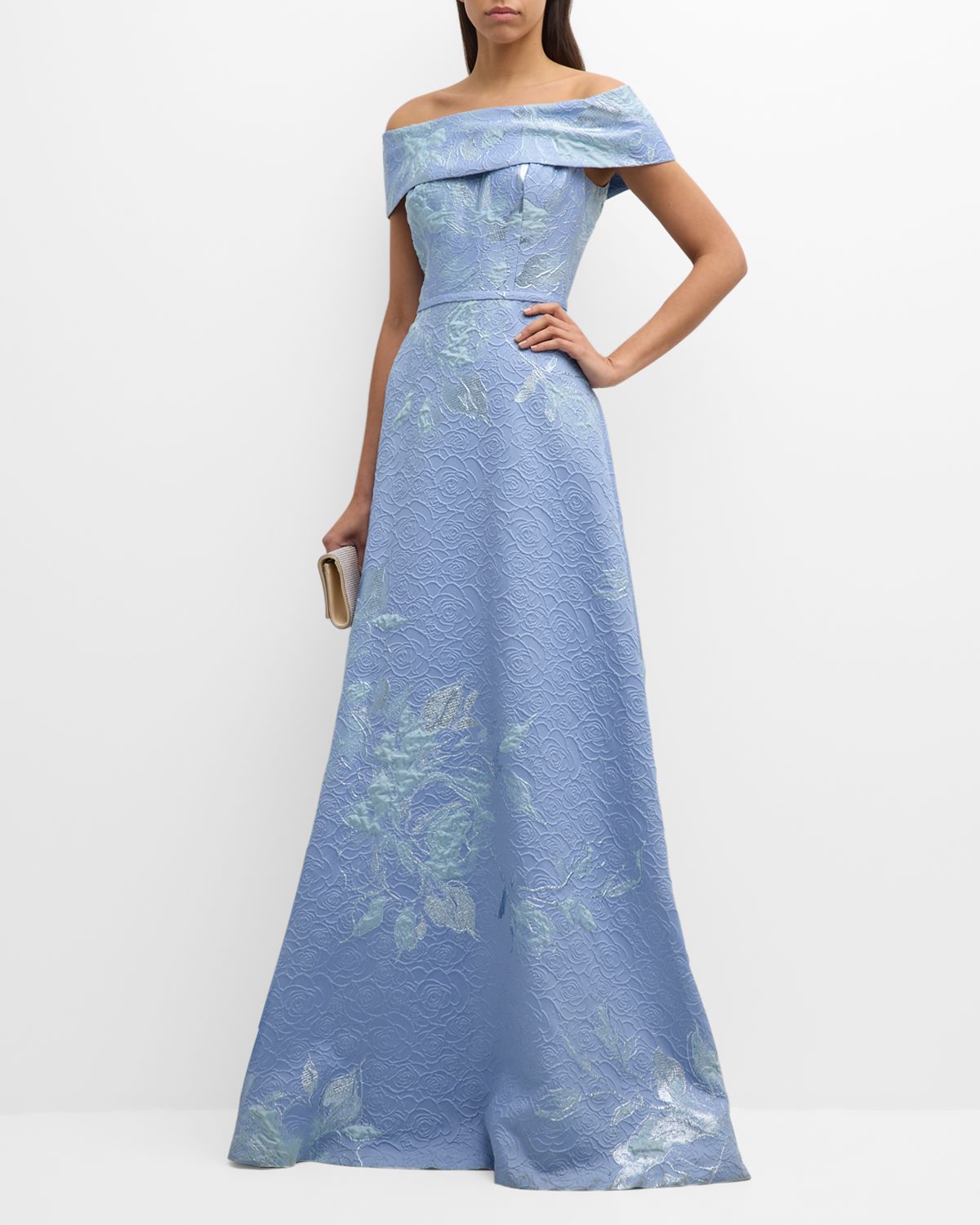 Rickie Freeman for Teri Jon Off-Shoulder Metallic Flower Jacquard Gown