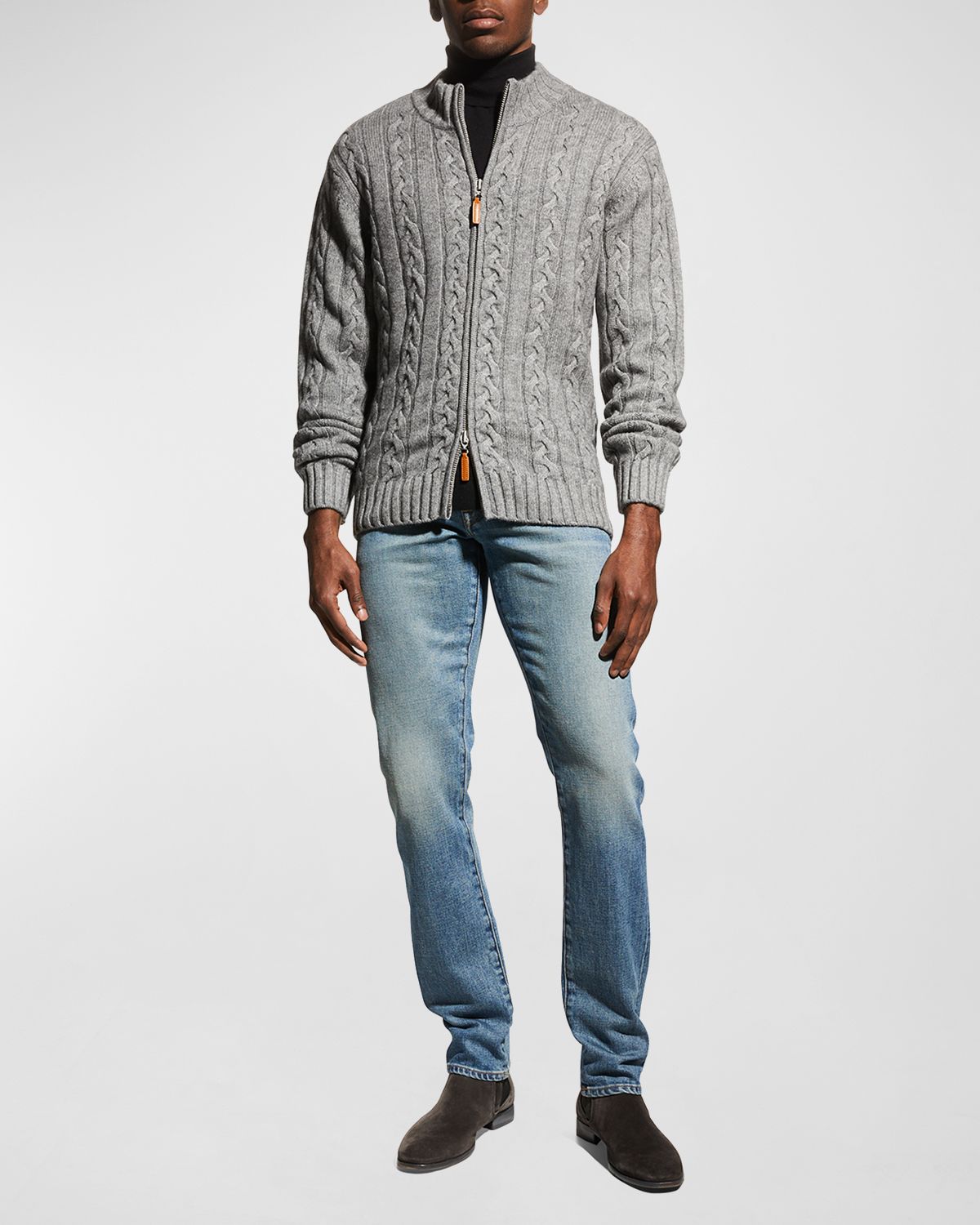 Neiman Marcus Men 's Merino Wool-Cashmere Full-Zip Cable Sweater