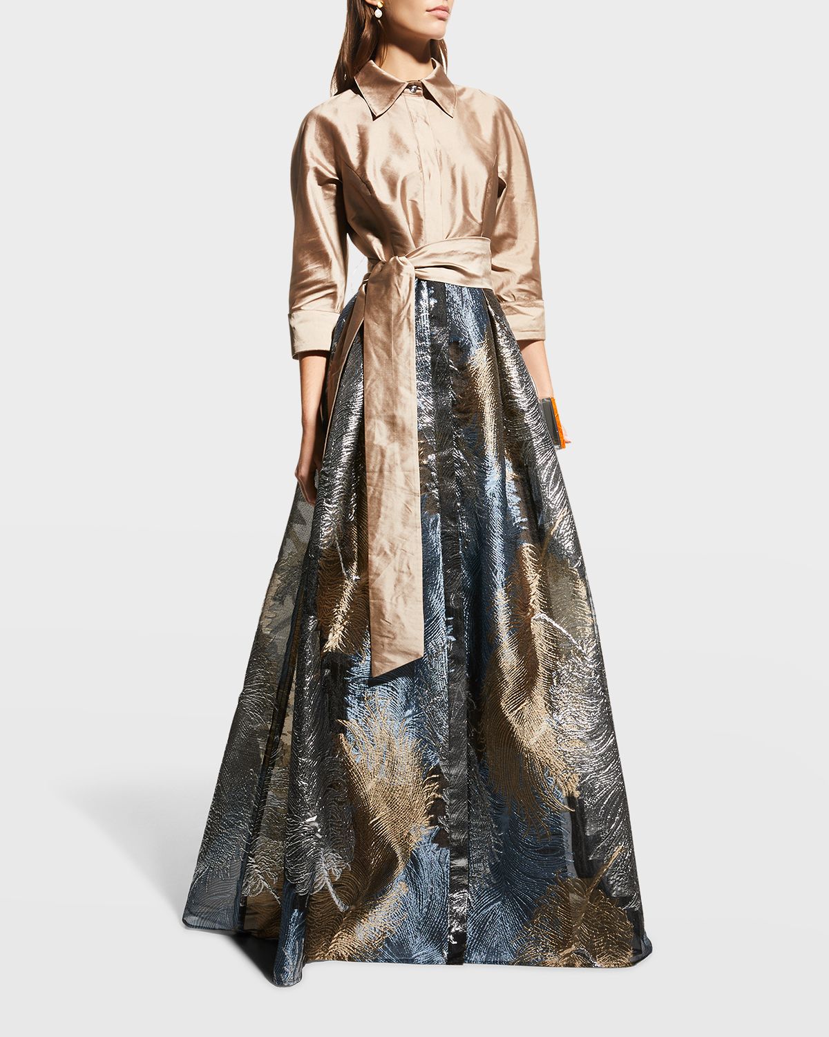 Rickie Freeman for Teri Jon Taffeta Shirtdress w/ Feather Metallic Jacquard | Thumbnail 6