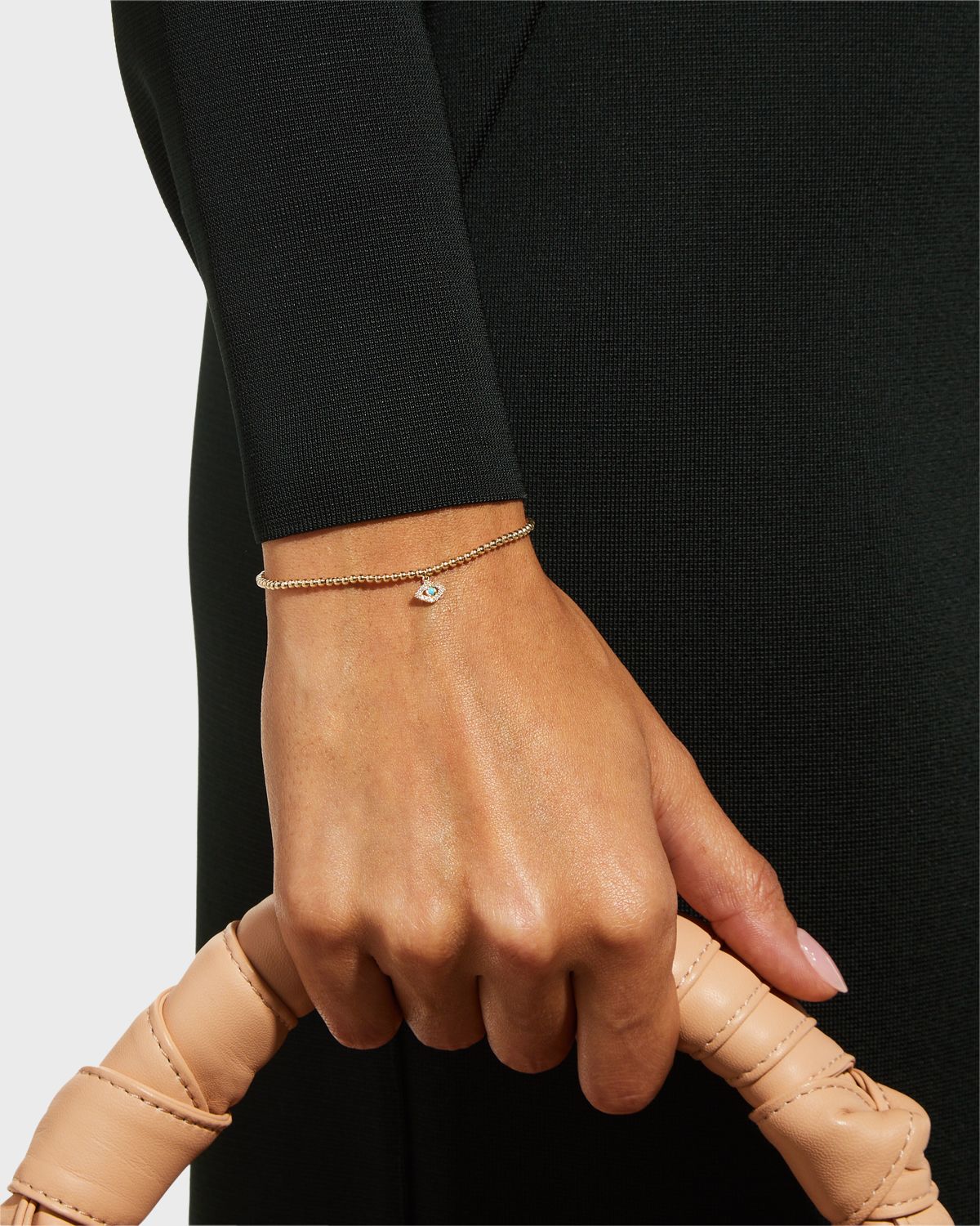 Sydney Evan 2mm Gold Bead Bracelet with Diamond Bezel Evil Eye Charm