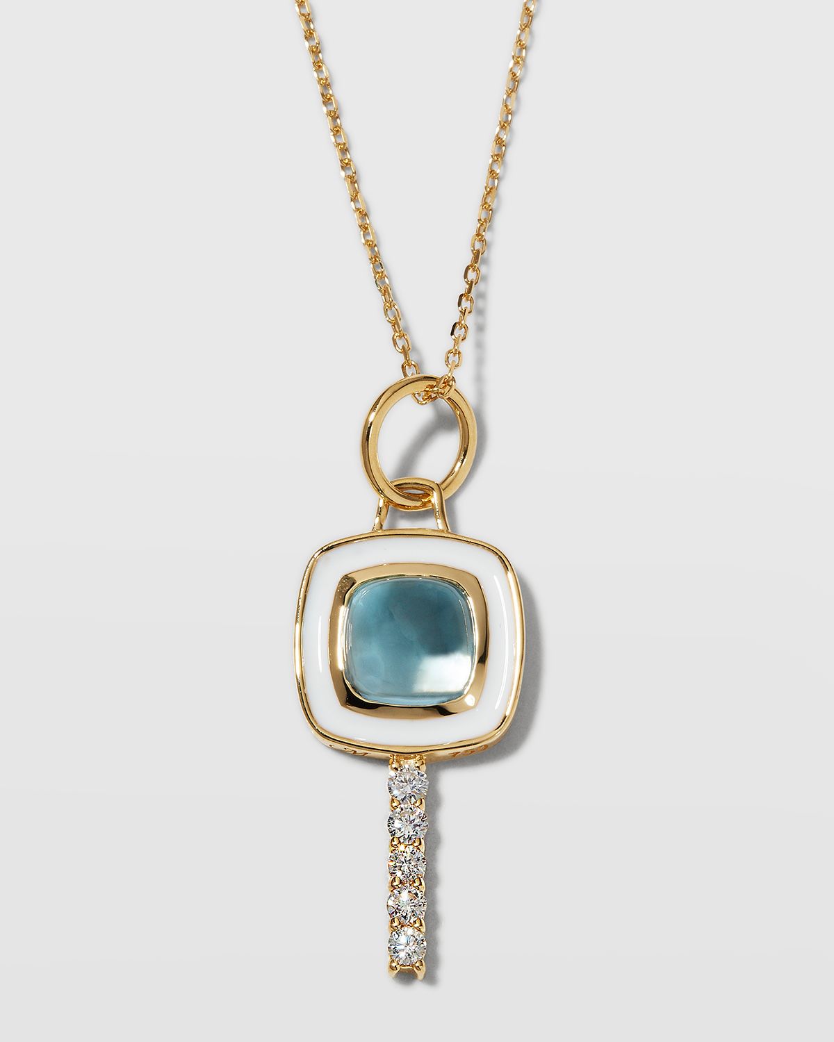Monica Rich Kosann 18K Yellow Gold Mini Cushion Key Necklace with White Enamel, Blue Topaz, and Diamonds