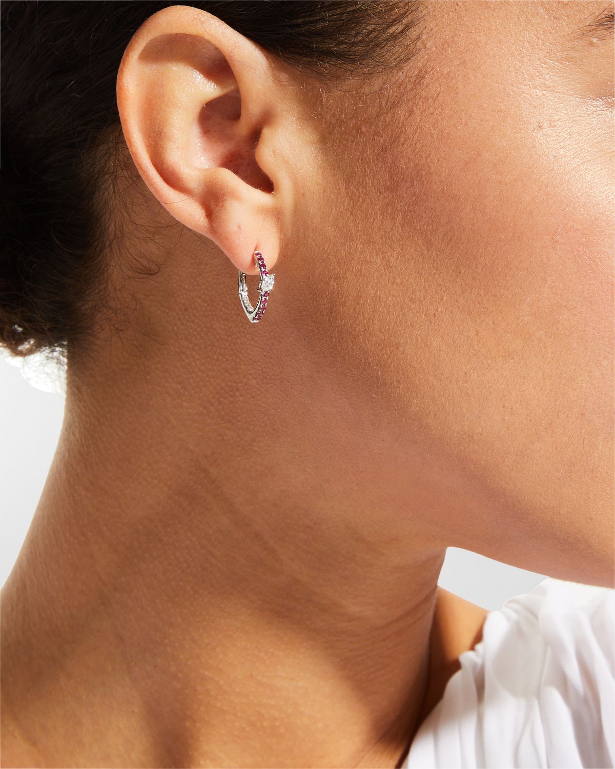 Frederic Sage White Gold Small Slanted Marquise Center Ruby Hoop Earrings