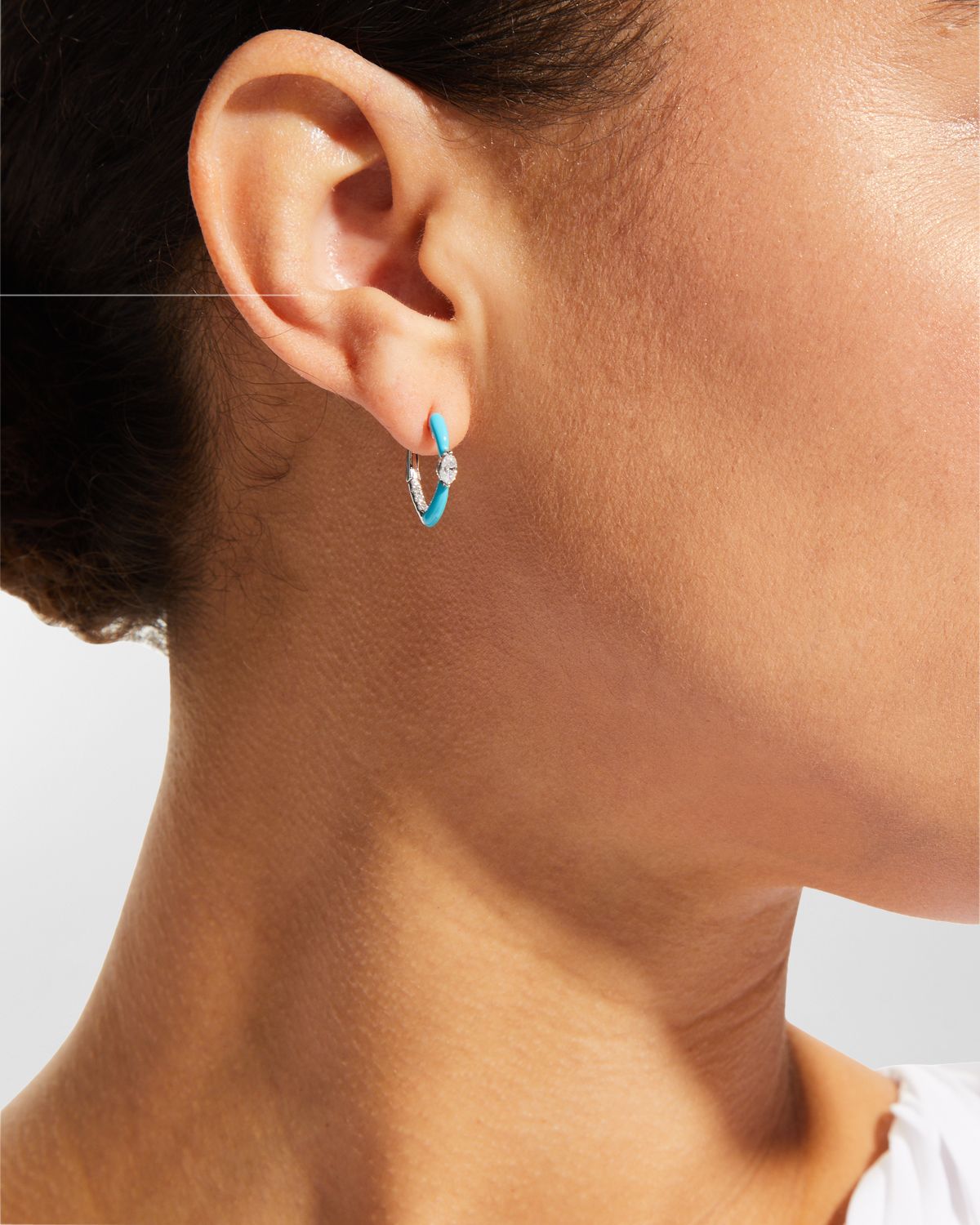 Frederic Sage White Gold Marquise Center and Turquoise Enamel Hoop Earrings