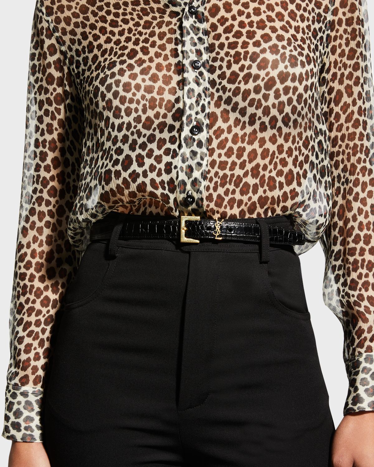 Saint Laurent YSL Croc-Embossed Skinny Belt