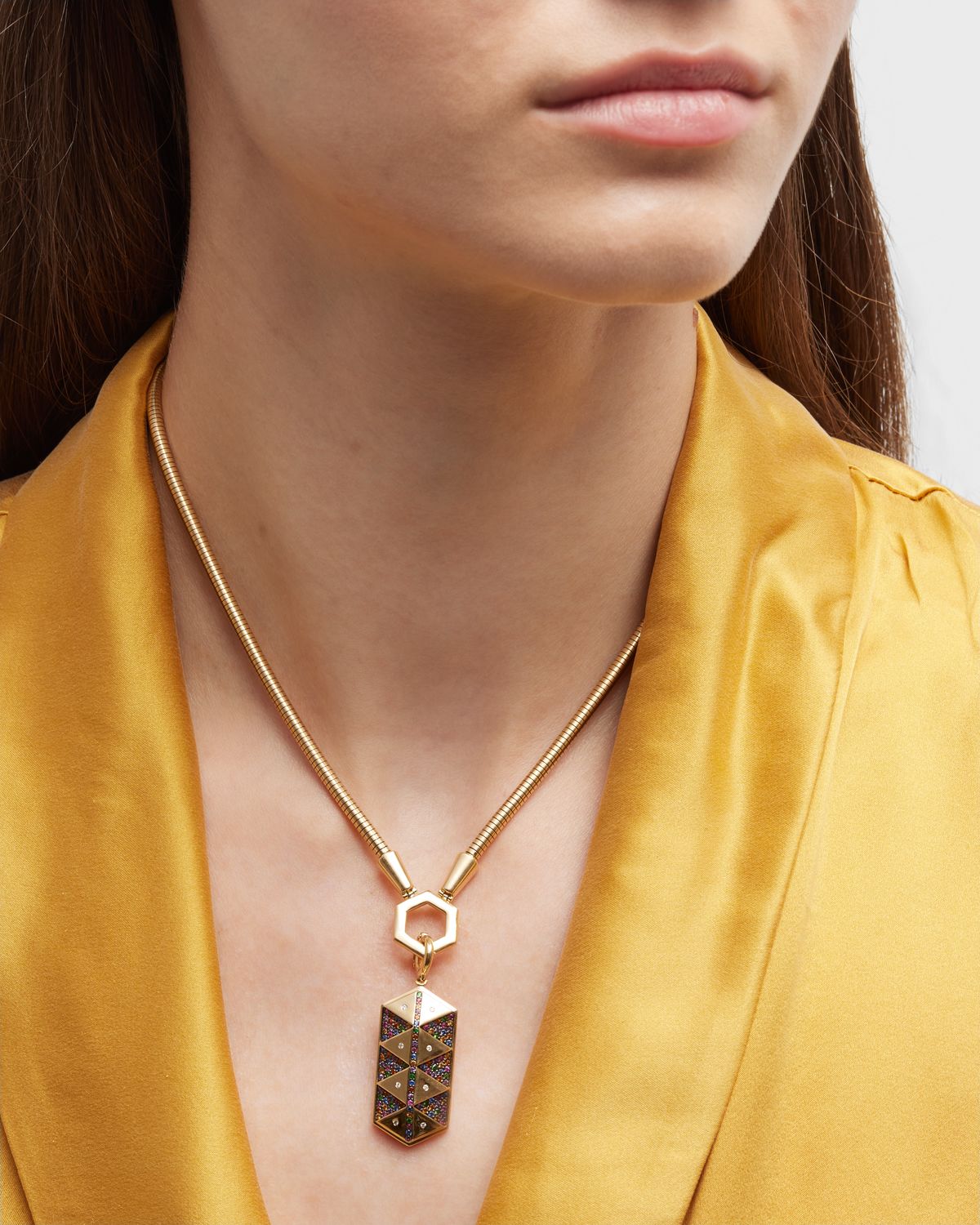 Harwell Godfrey Yellow Gold Elongated Hexagon Shield Charm with Rainbow Sapphires