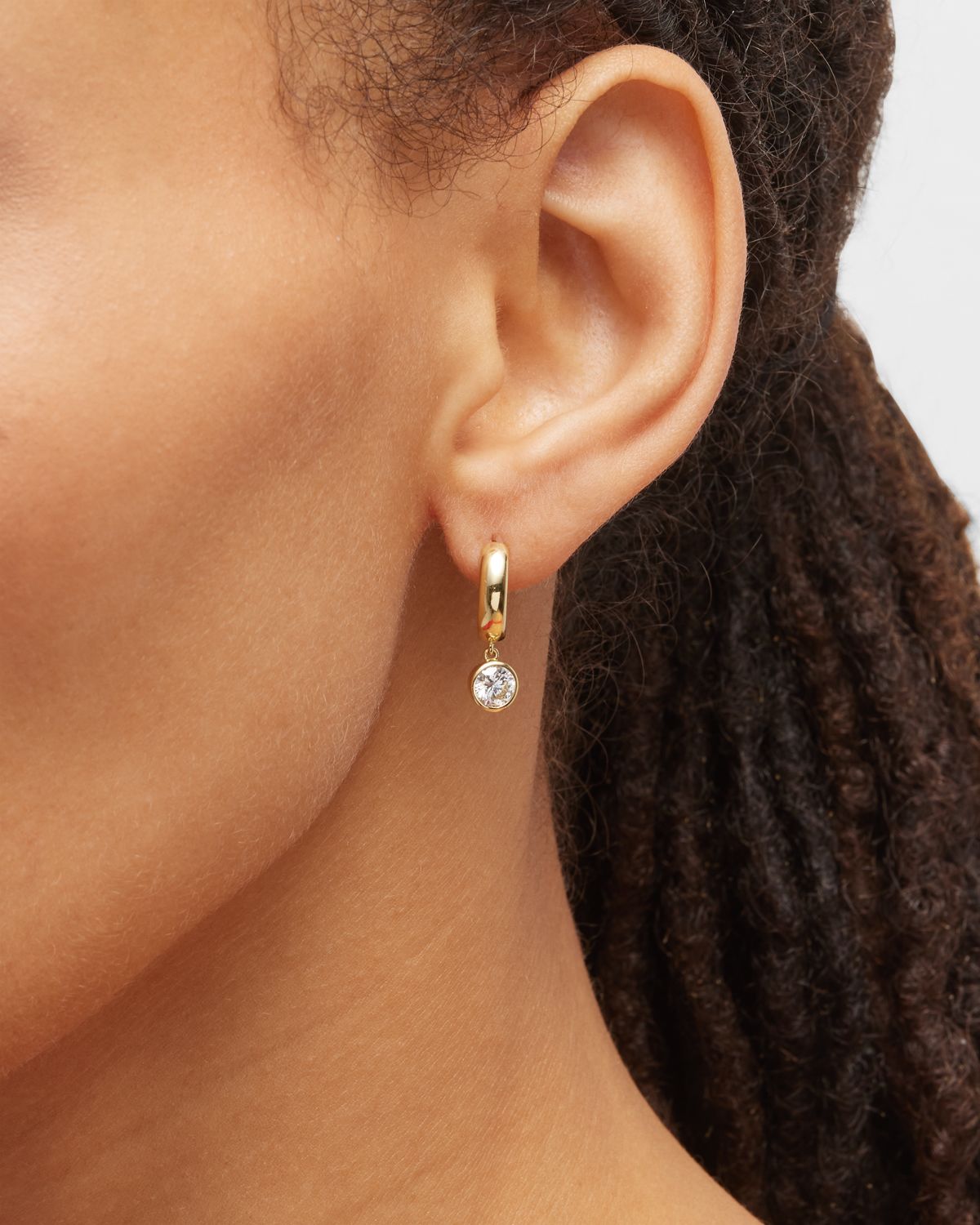 Neiman Marcus Diamonds 18K Yellow Gold Bezel Diamond Huggie Earrings, 1.00tcw, 0.8"L / 0.3"W