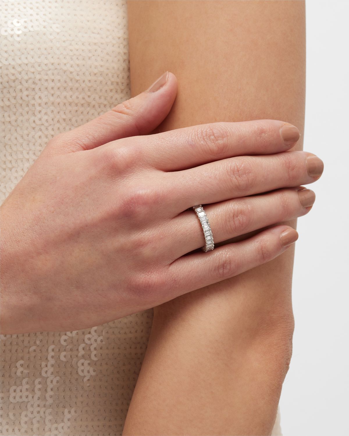 Neiman Marcus Diamonds Platinum Emerald-Cut FG/VS Diamond Eternity Band, Size 6.75, 3.3tcw