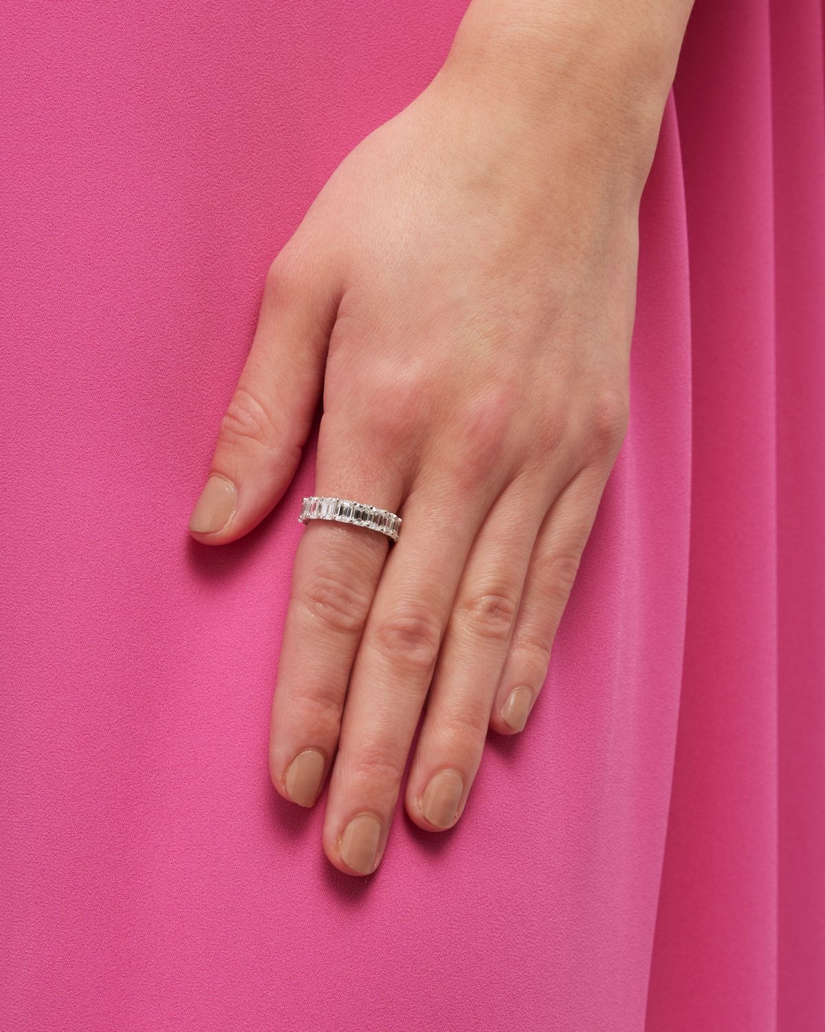 Neiman Marcus Diamonds Platinum Emerald-Cut FG/VS Diamond Eternity Band, Size 6.75, 7.74tcw