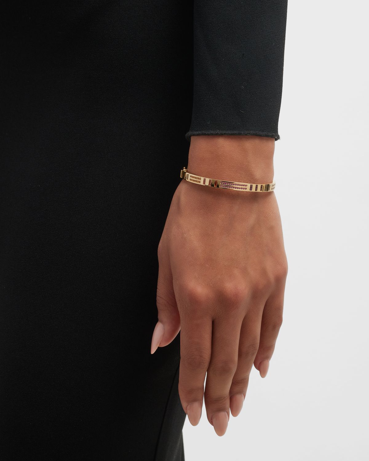Harwell Godfrey 18K Yellow Gold Baguette and Pavé Diamond Bangle with Rainbow Sapphires