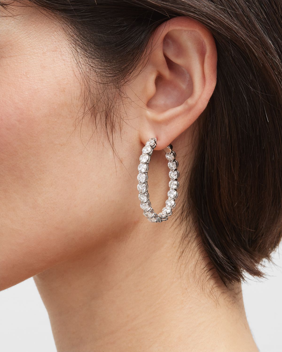 Neiman Marcus Diamonds 18K White Gold Diamond Oval Hoop Earrings, 9.18tcw, 10.3"L