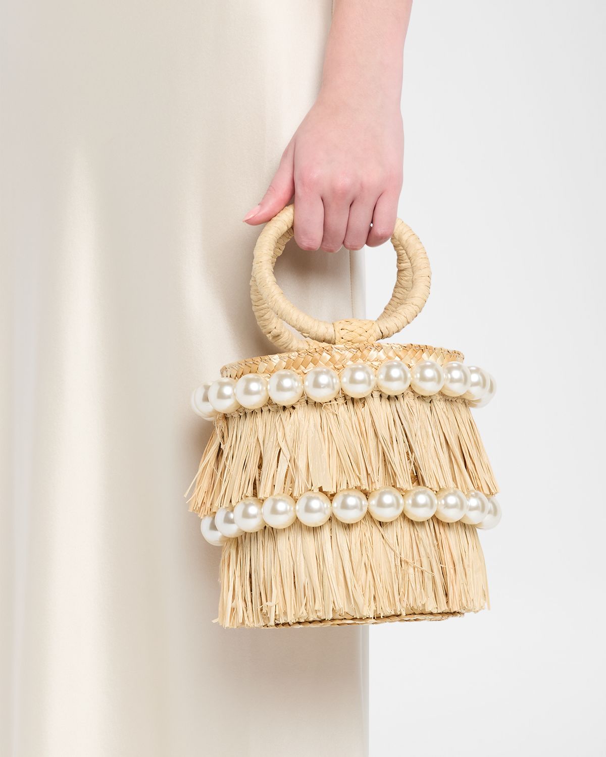 BTB Los Angeles Liv Straw Pearly Bucket Tote Bag