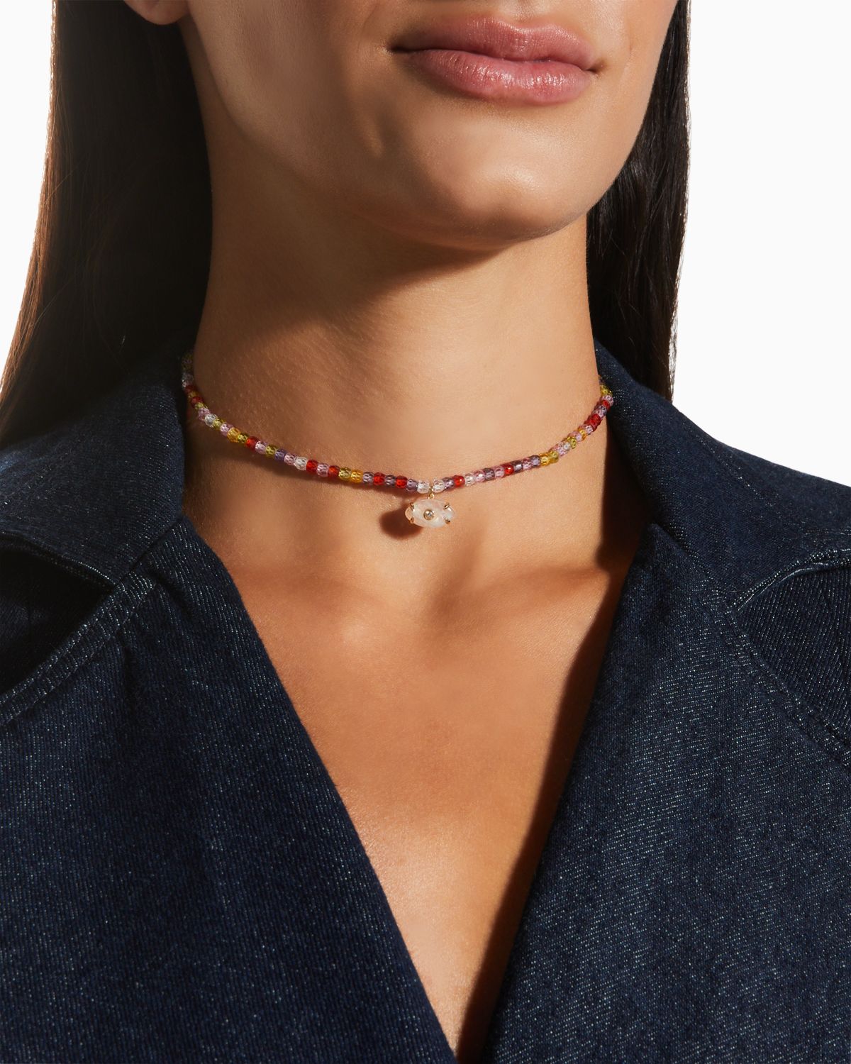 Sydney Evan Yellow Gold Rainbow Zircon Combo Necklace with Carved Stone Eye Charm