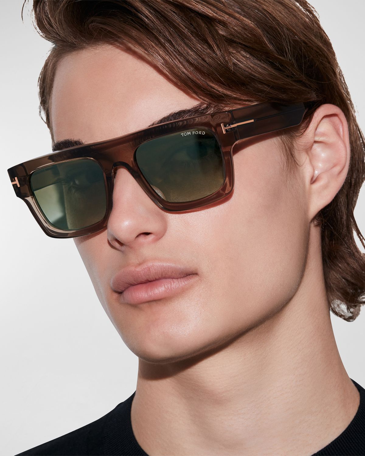 TOM FORD Men 's Fausto M T-Logo Square Flat-Top Sunglasses