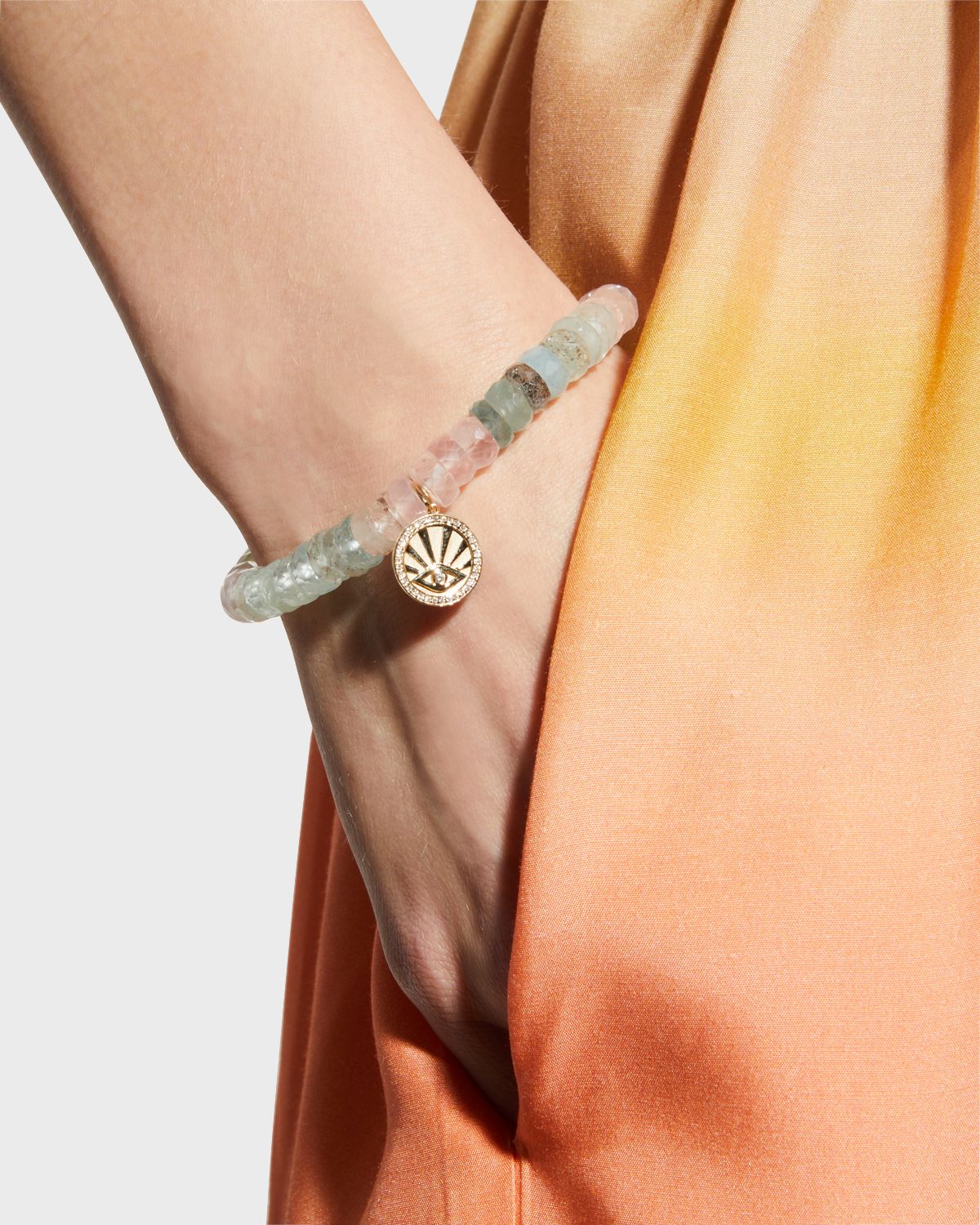 Sydney Evan 8mm Multi Aquamarine Faceted Wheel Bracelet with Sun Ray Coin Charm