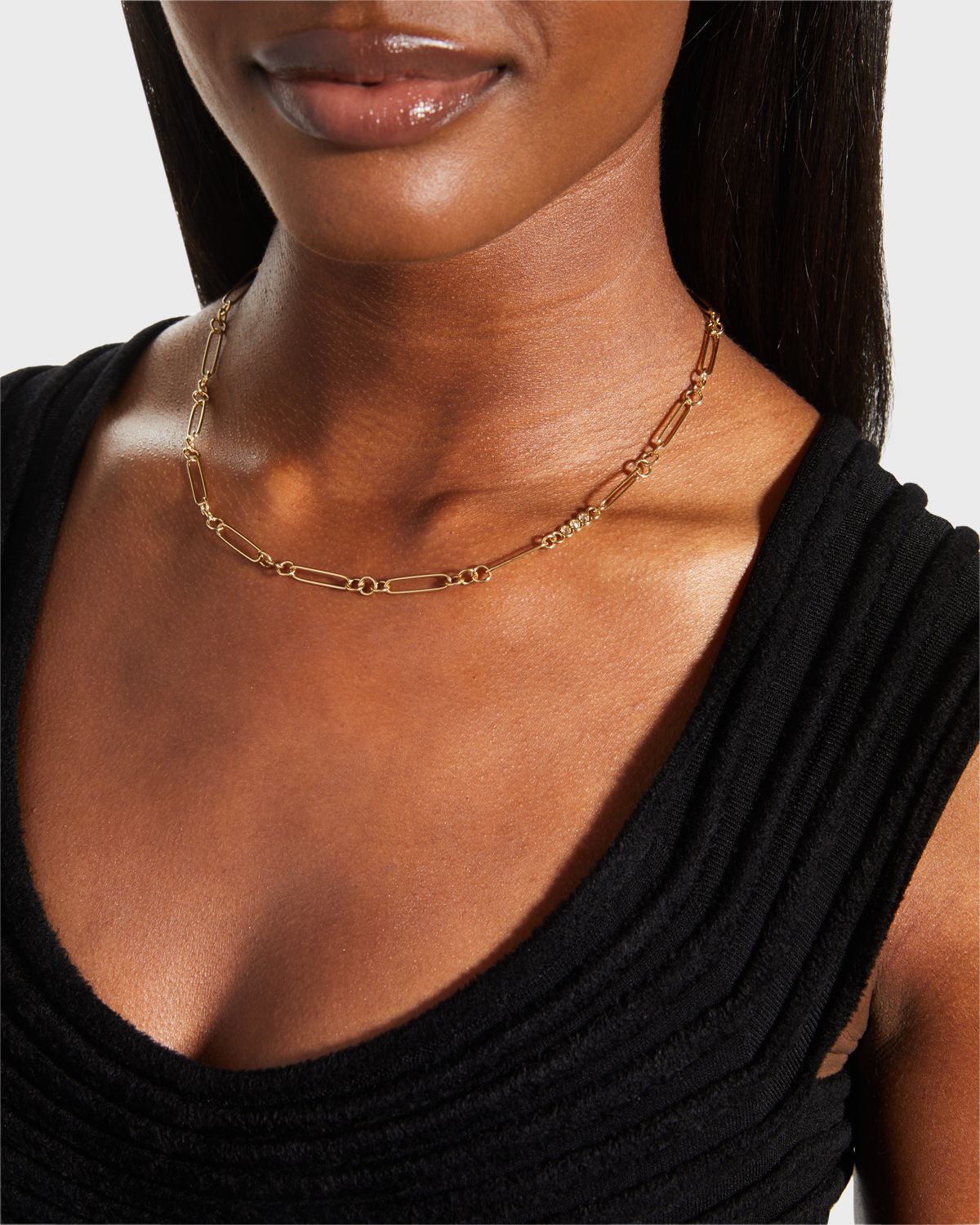 Roberto Coin Yellow Gold Oval-Link Chain Necklace with Diamond Section