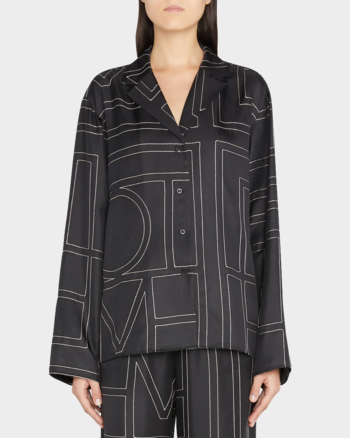 Toteme Monogram-Embroidered Silk Pajama Top