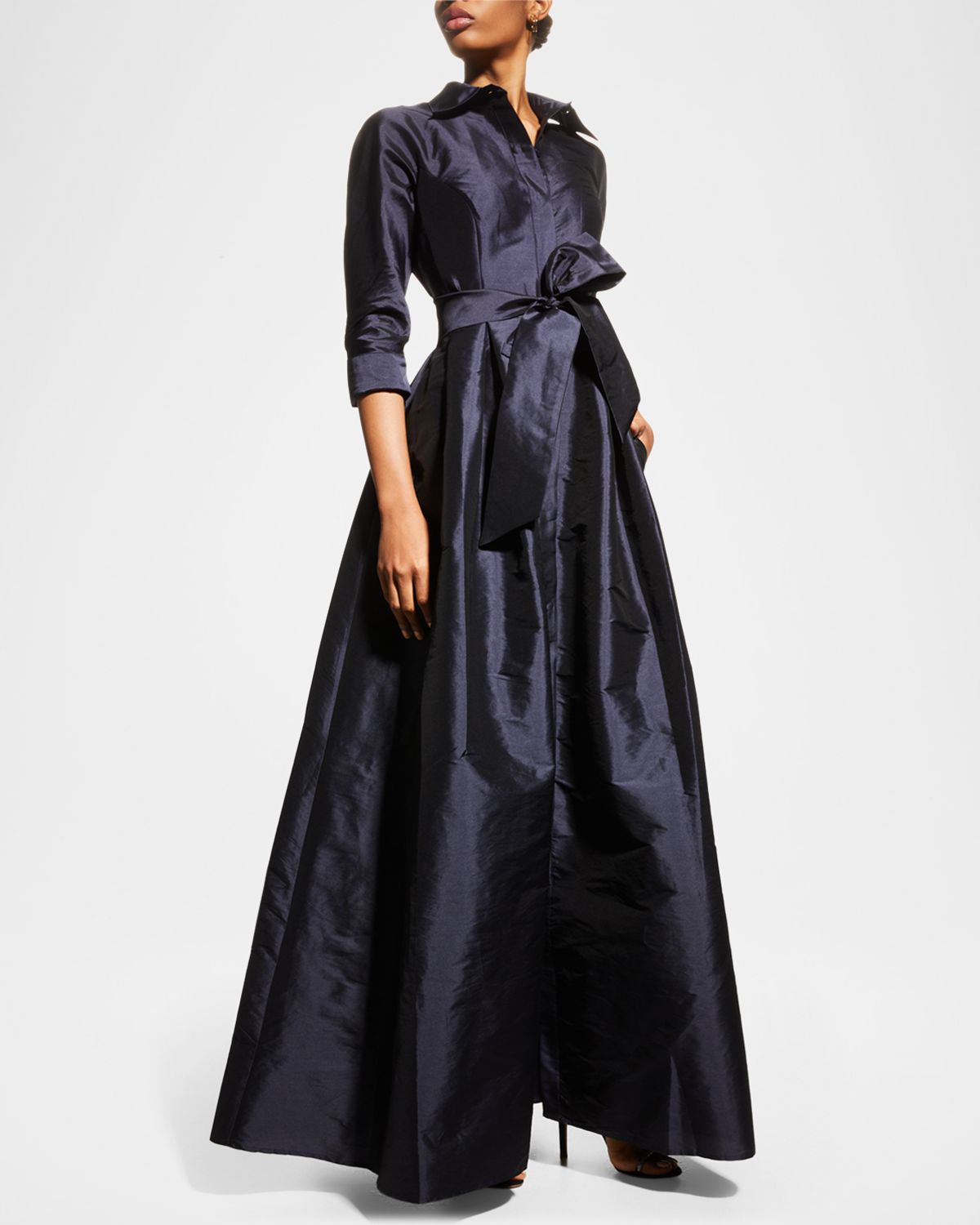 Rickie Freeman for Teri Jon 3/4-Sleeve Taffeta Shirtdress Gown