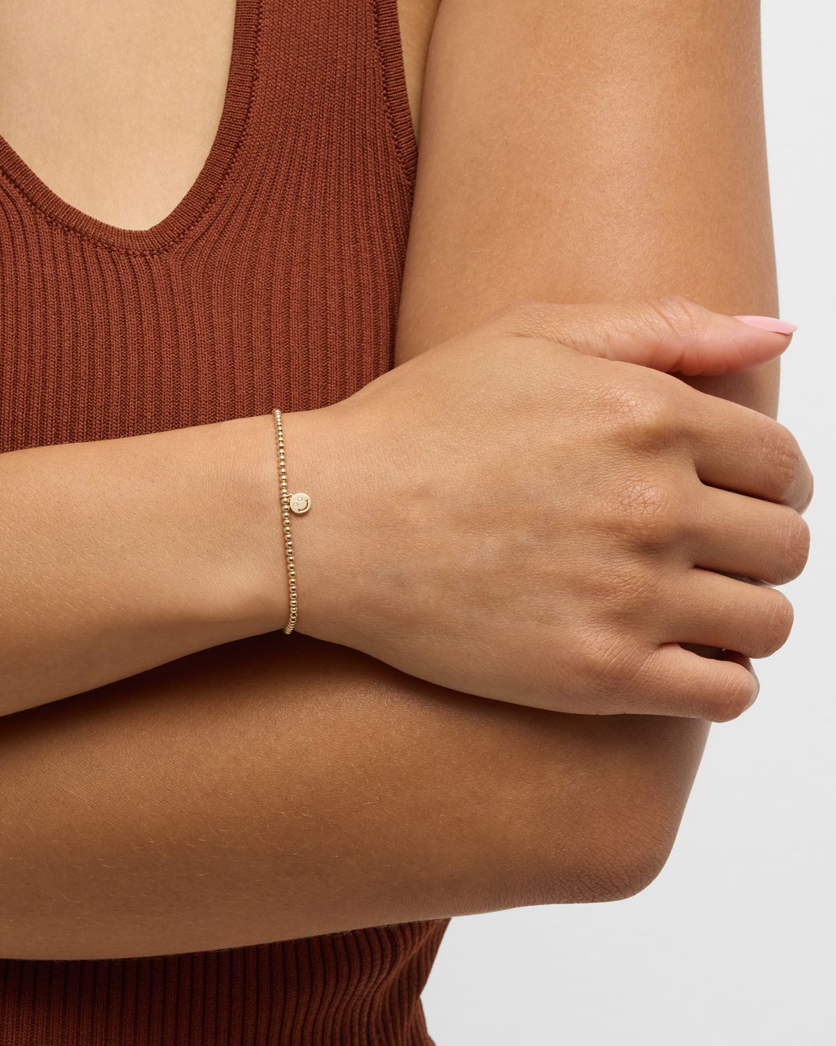 Sydney Evan 2mm Gold Bead Diamond Happy Face Charm Bracelet