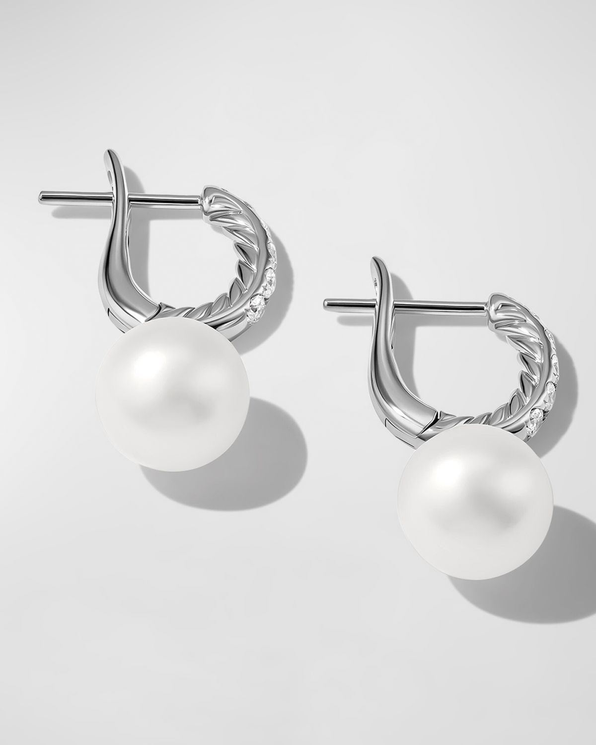 David Yurman Pearl and Pave Drop Earrings with Diamonds in Silver, 9mm, 0.6"L