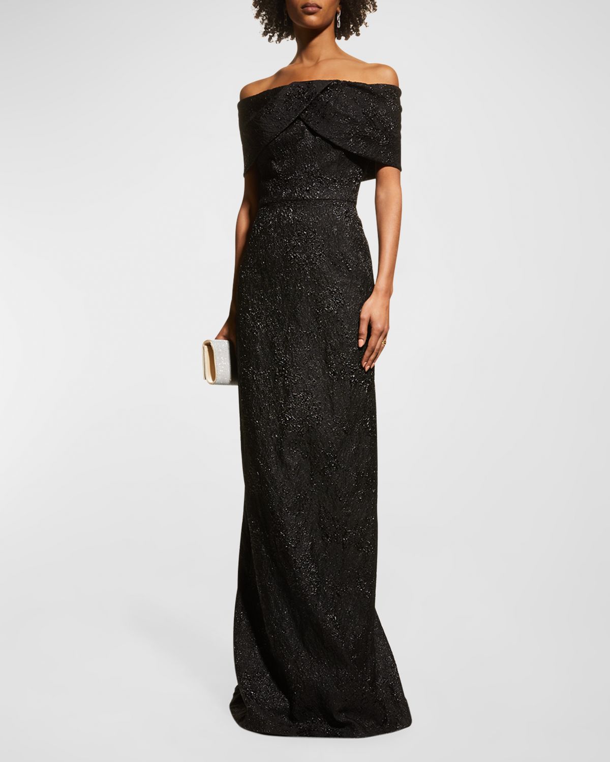 Rickie Freeman for Teri Jon Off-Shoulder Jacquard Column Gown