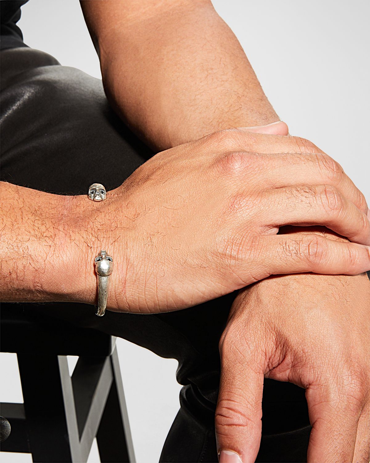 John Varvatos Men 's Skull Distressed Cuff Bracelet w/ Black Diamonds