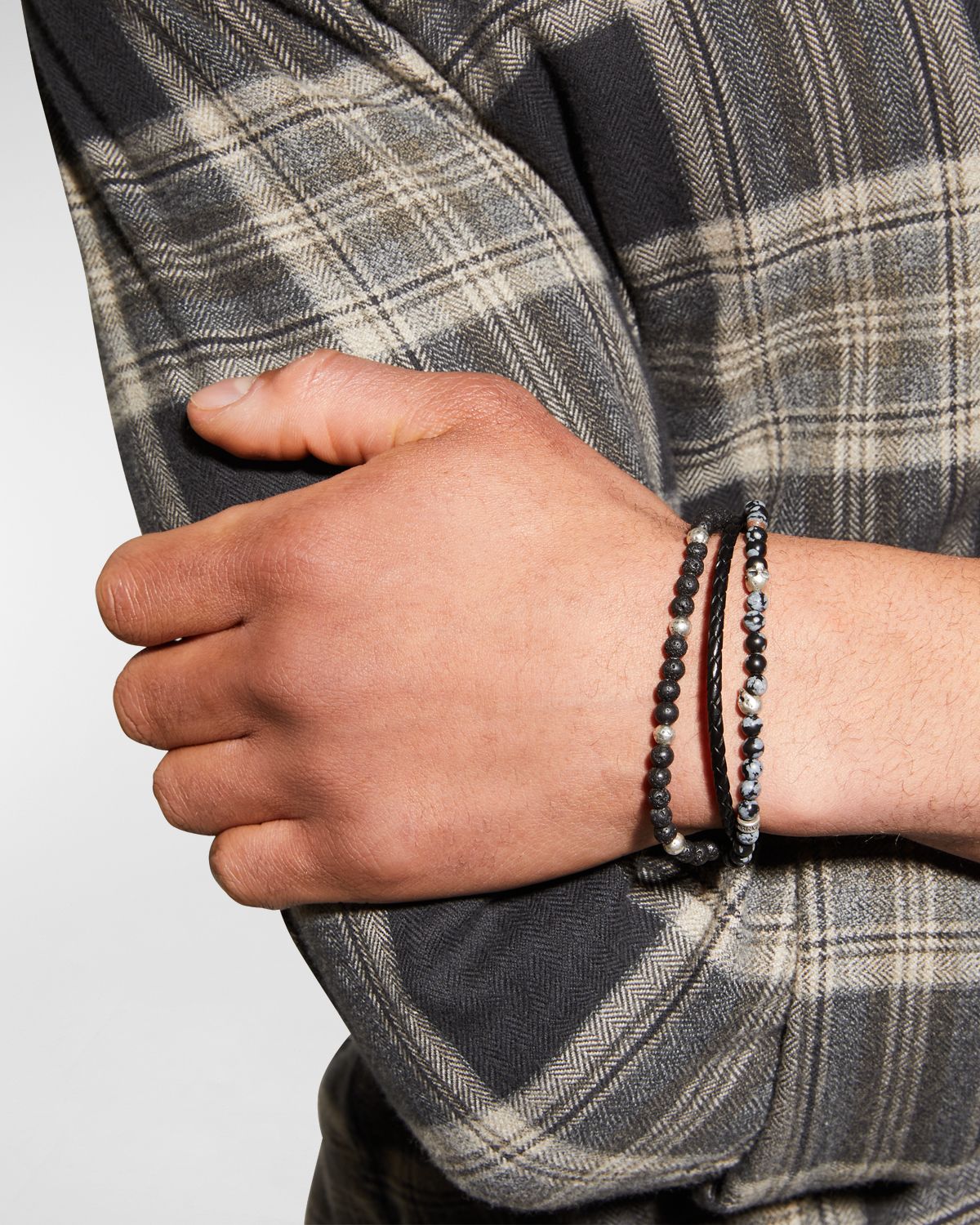 John Varvatos Men 's Multi-Strand Leather, Lava & Obsidien Beaded Bracelet