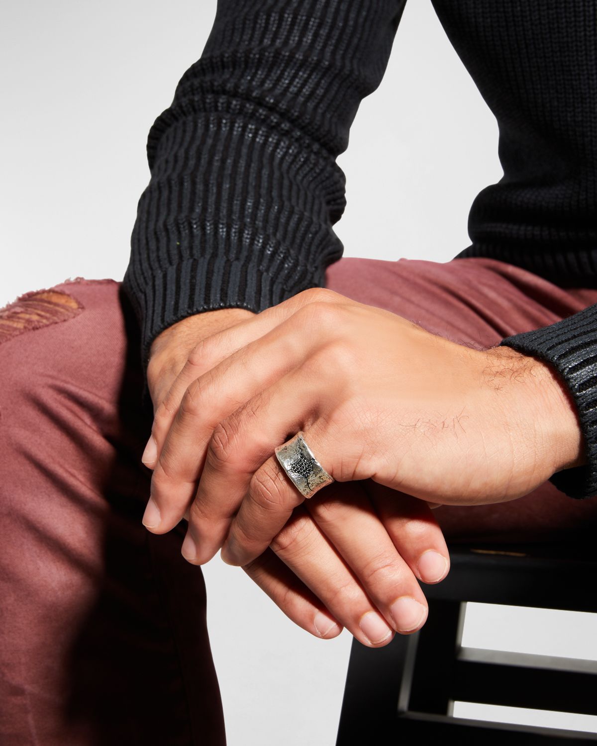 John Varvatos Men 's Crack Band Ring w/ Black Diamond Pavé