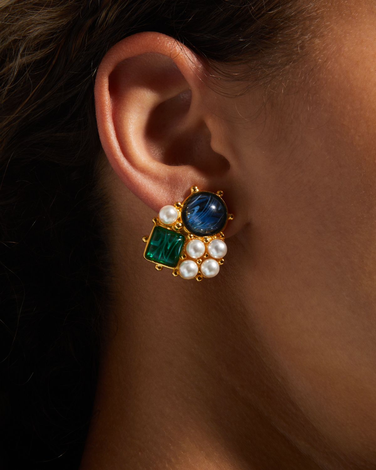 Ben-Amun Gold Stone and Pearly Cluster Earrings