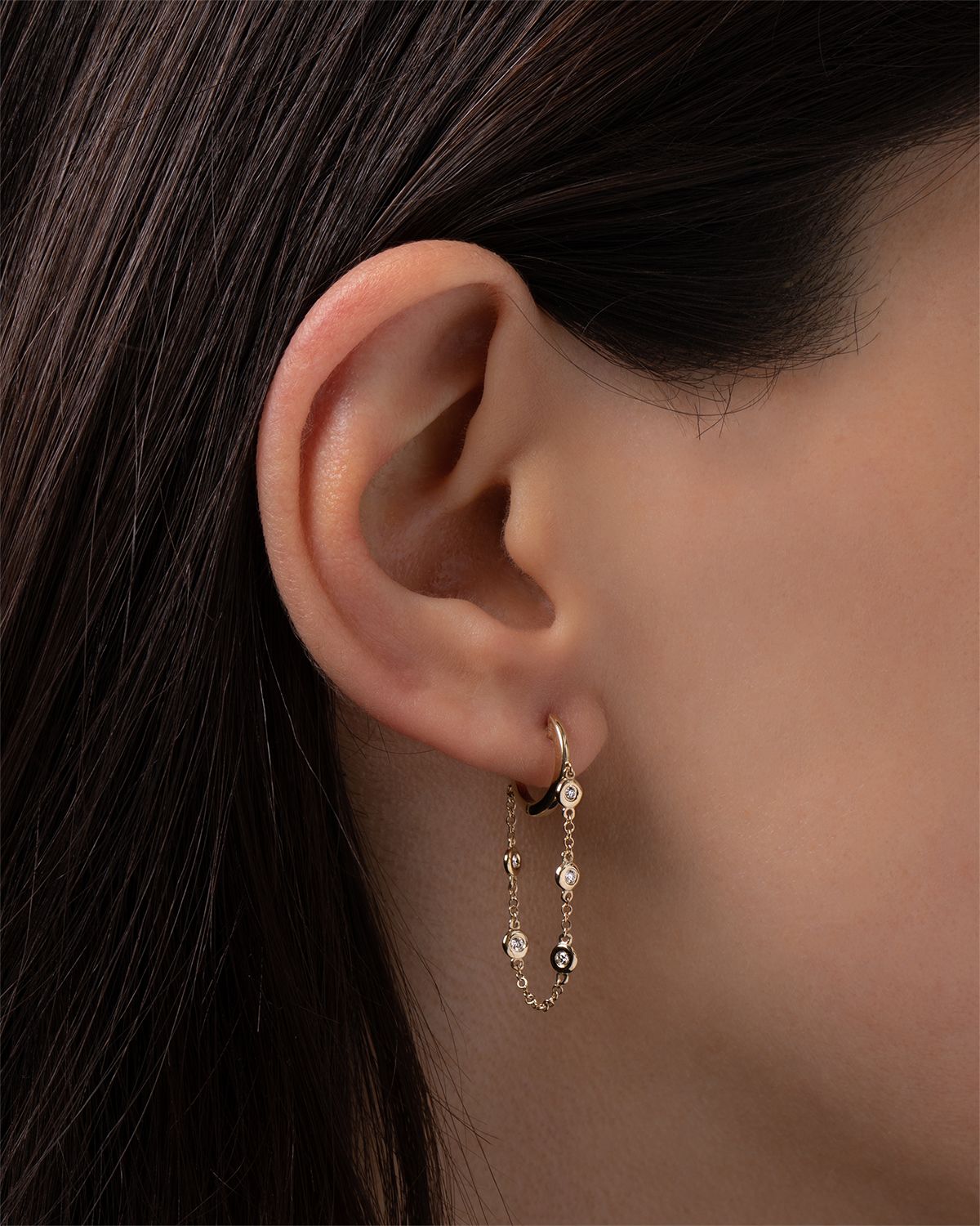 Zoe Lev Jewelry Gold Huggie Earrings with Bezel Chain