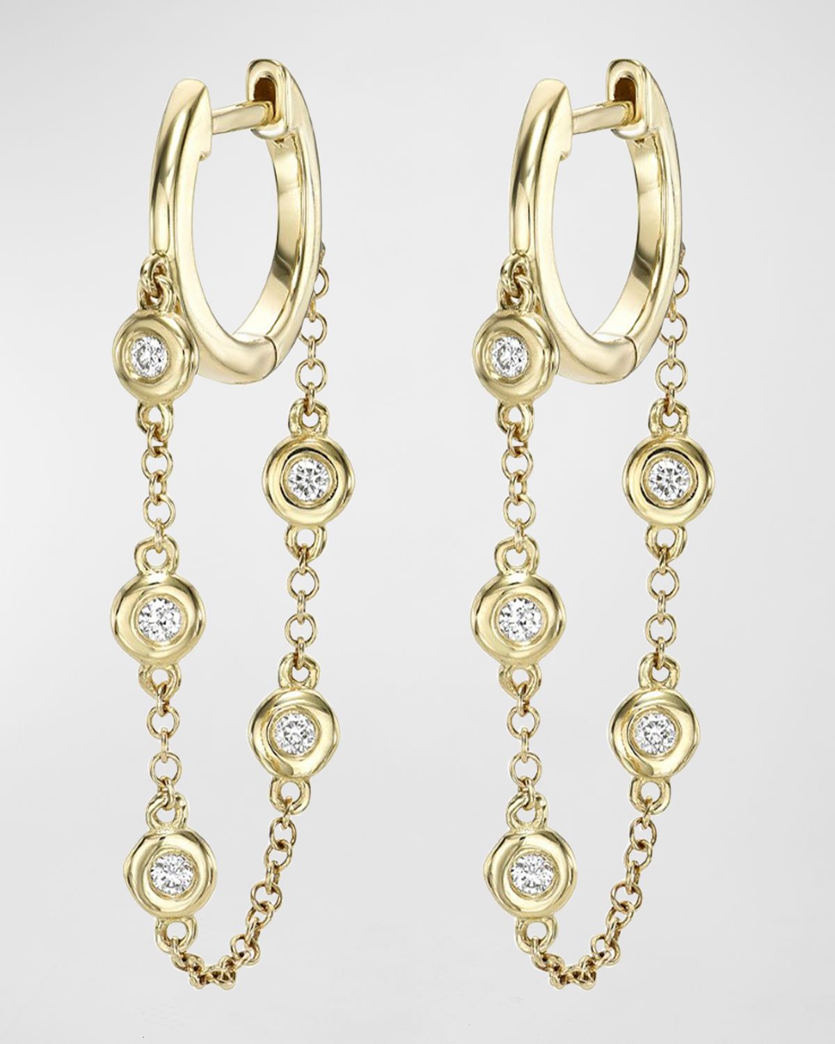 Zoe Lev Jewelry Gold Huggie Earrings with Bezel Chain