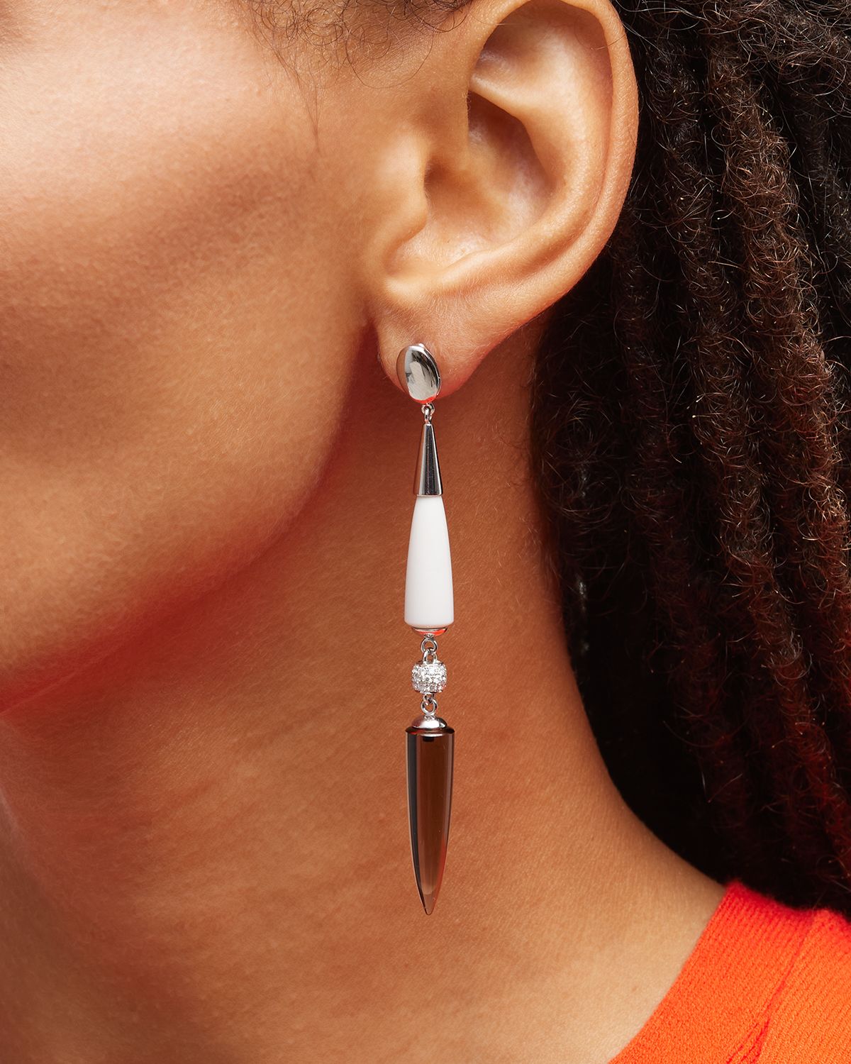 Sanalitro 18K White Gold Look At Me Earrings with White Agate, Smokey Quartz and Diamonds