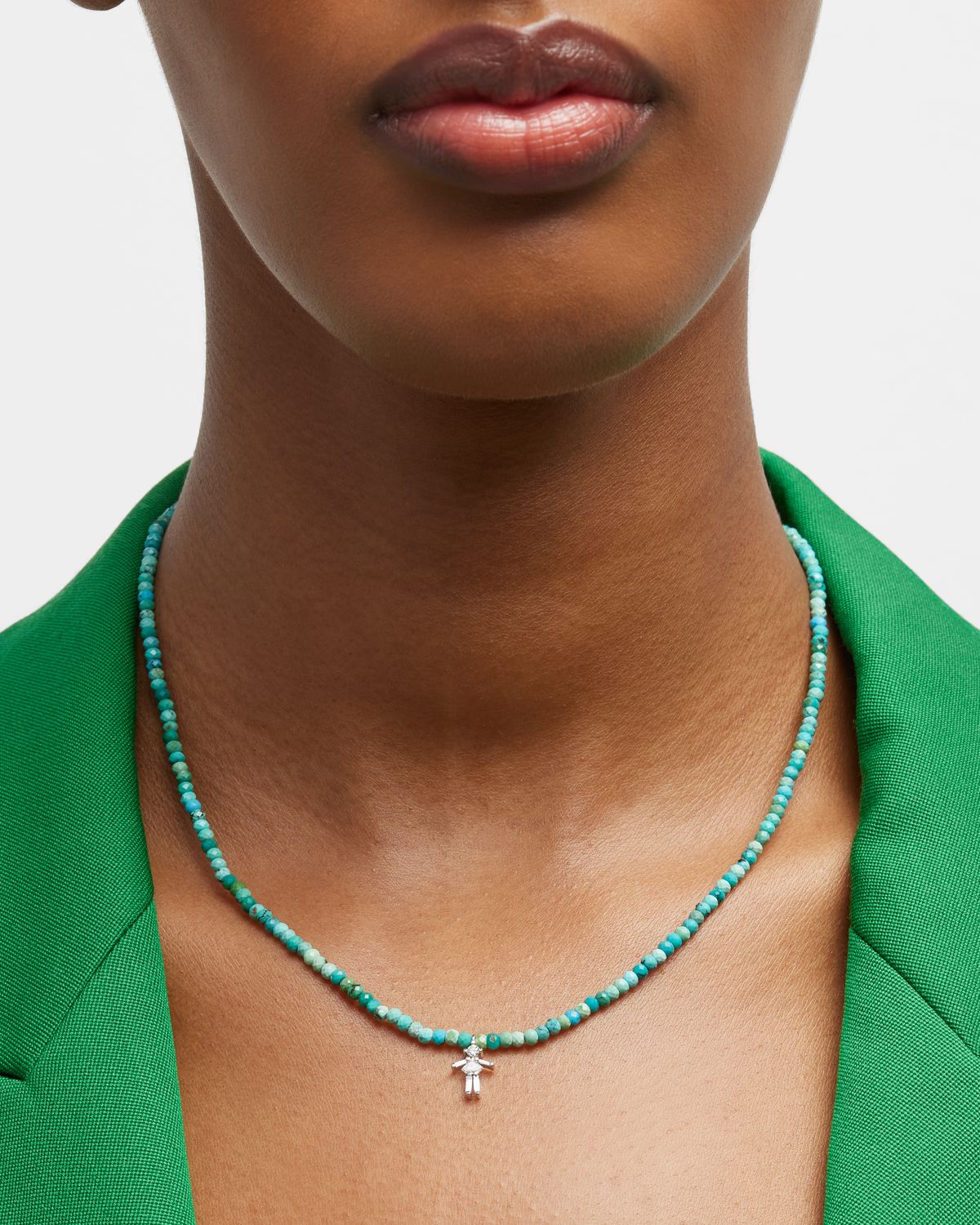 LITTLE ONES PARIS 18K White Gold and Diamonds Girl Turquoise Beaded Necklace