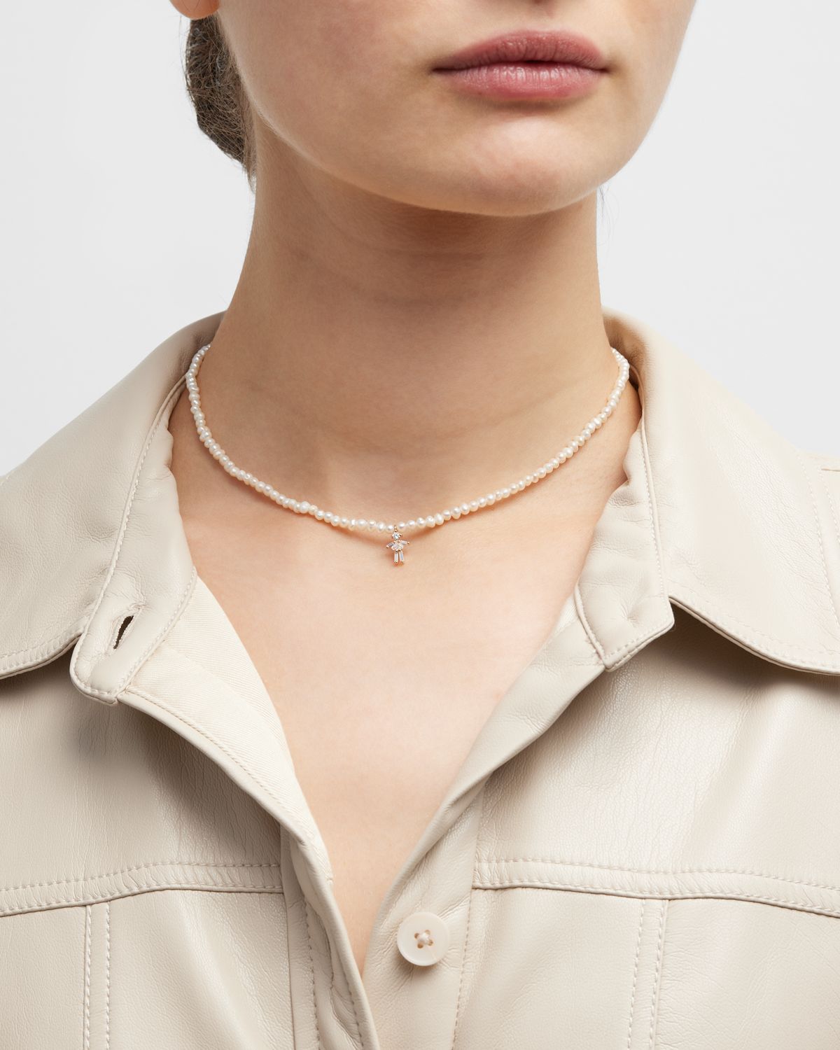 LITTLE ONES PARIS Rose Gold Diamond Girl and Pearl Necklace