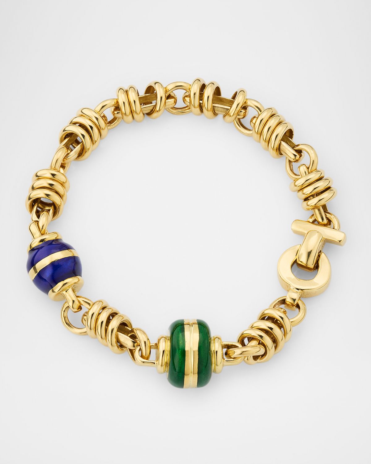 NM Estate 18K Yellow Gold Blue and Green Enamel Open Wire Link Bracelet