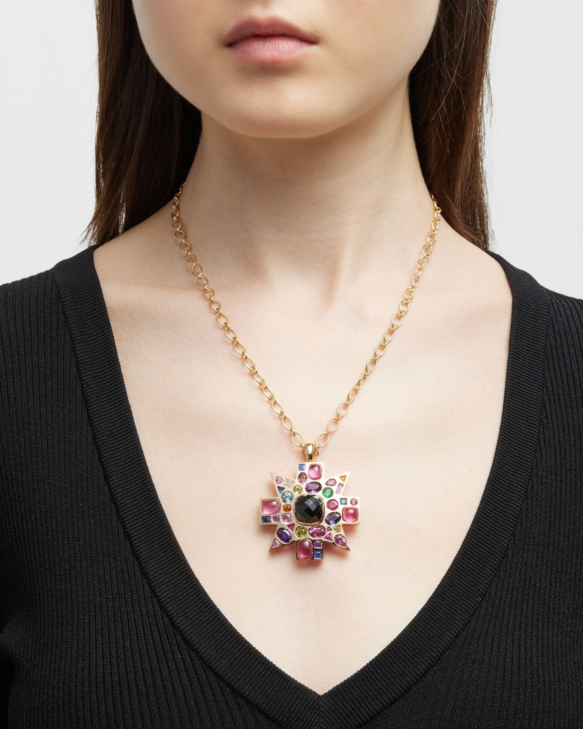 Verdura 18K Black Spinel, Rubellite and Colored Stone Byzantine Pendant-Brooch Necklace