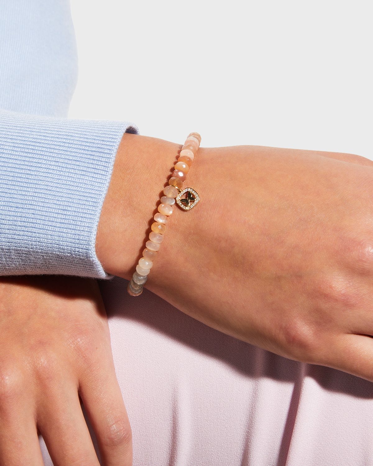 Sydney Evan Butterfly Open Icon Charm on Multi Moonstone Faceted Rondelle Bracelet