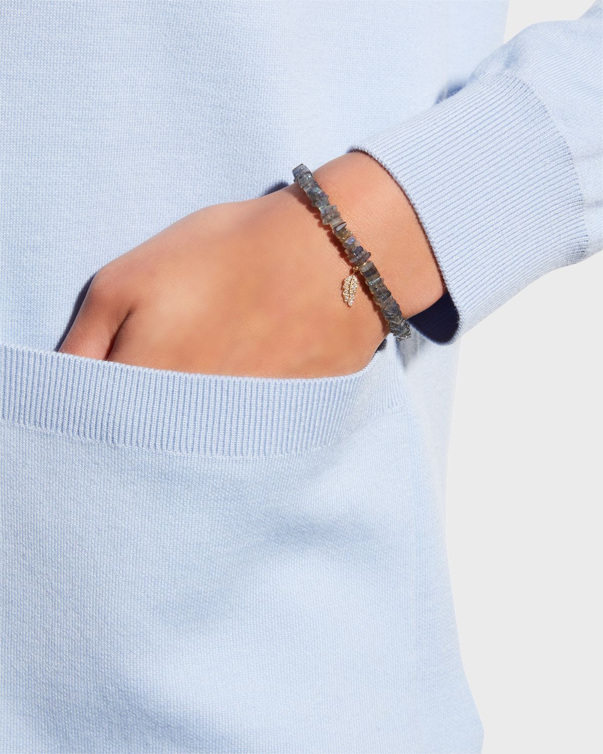 Sydney Evan Tiny Pave Feather Charm on Labradorite Square Heishi Bracelet