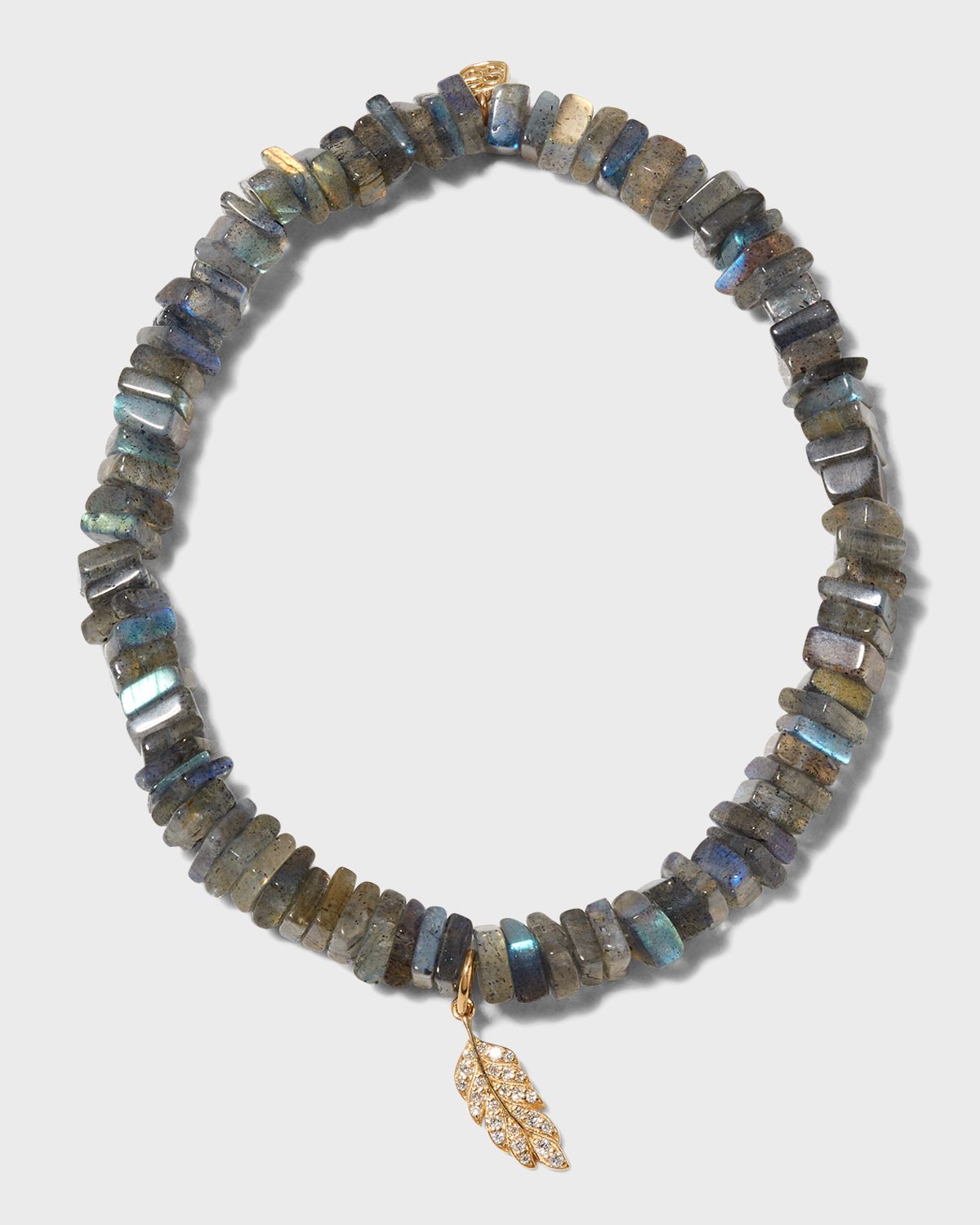 Sydney Evan Tiny Pave Feather Charm on Labradorite Square Heishi Bracelet