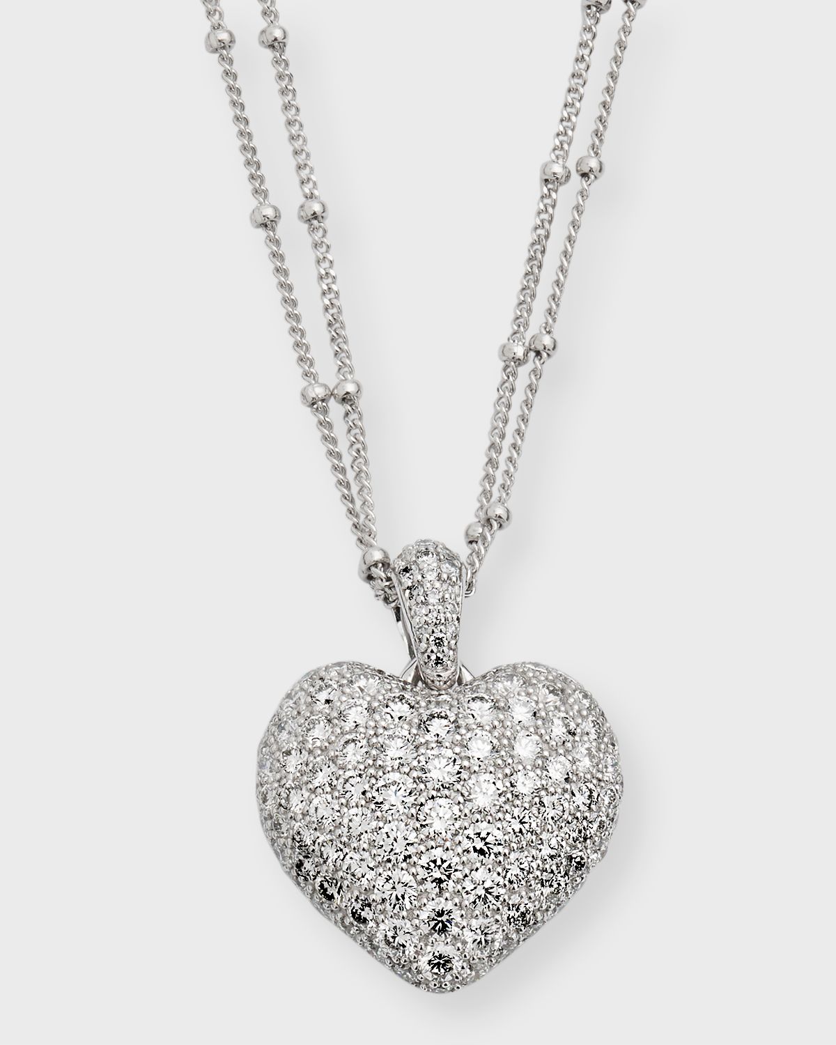Neiman Marcus Diamonds 18k White Gold Double-Chain Heart Pendant Necklace, 18"L, 2.80tcw