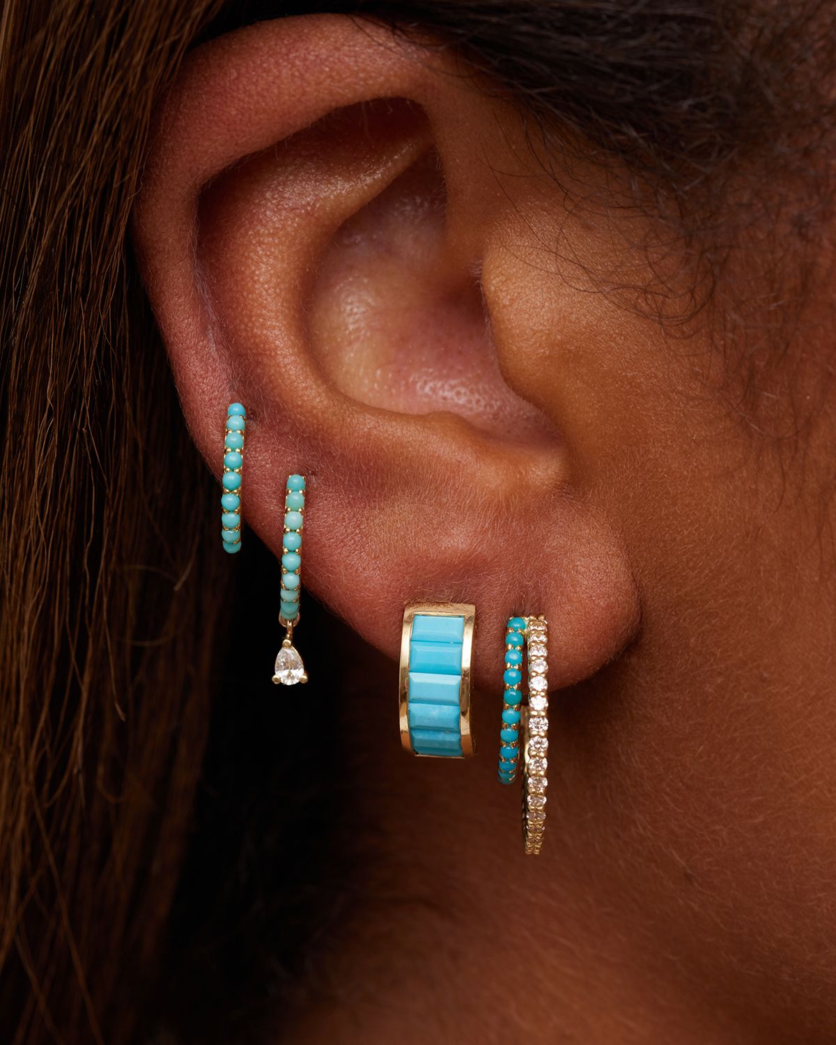 Jennifer Meyer Small Turquoise Huggie Earrings with Pear-Cut Diamond Drop
