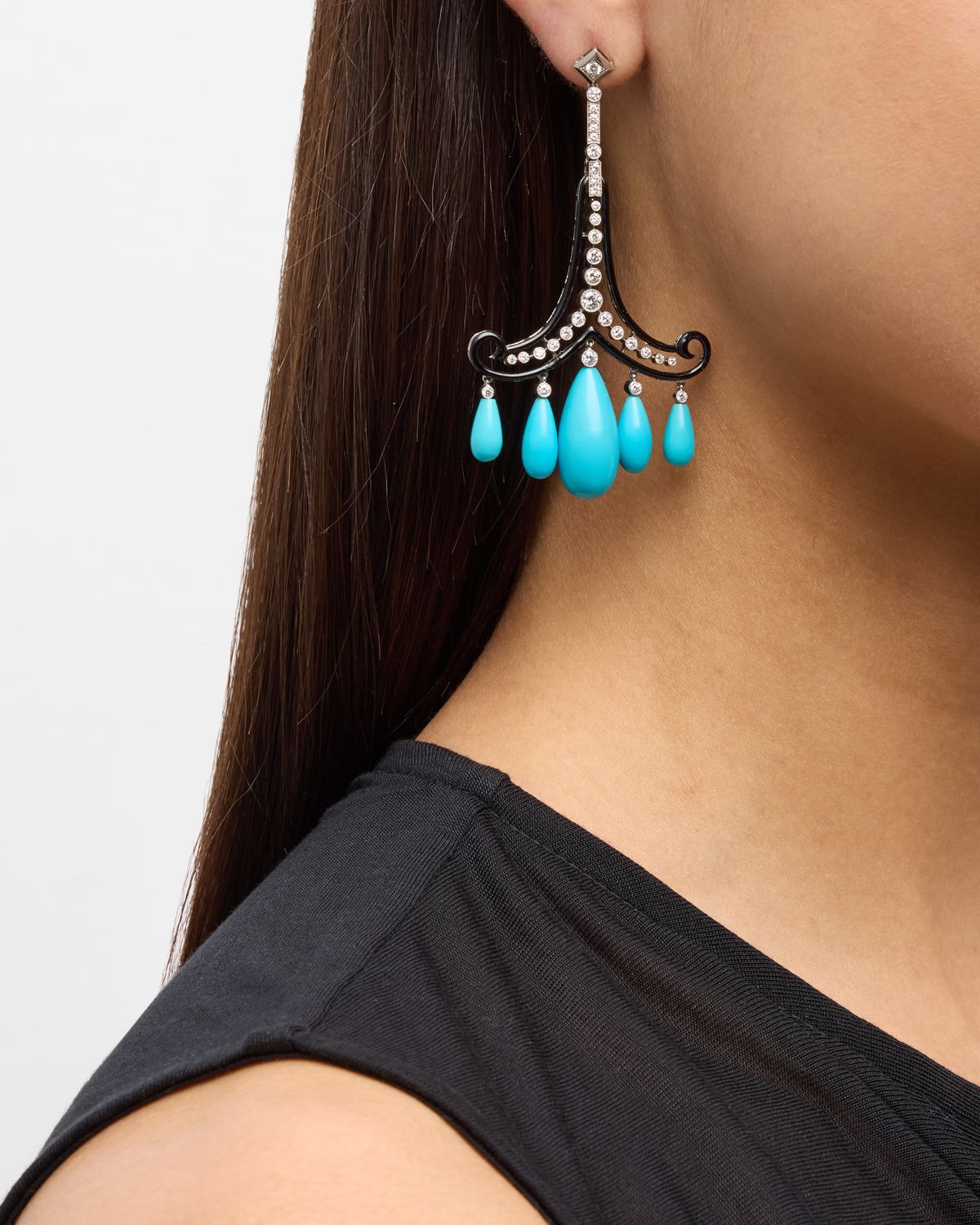 Cicada Jewelry Teardrop Turquoise and Diamond Earrings with Black Enamel