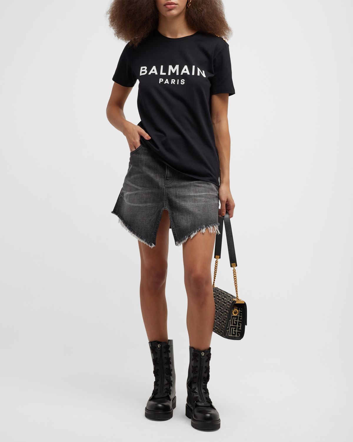 Balmain 3-Button Flocked Logo T-Shirt