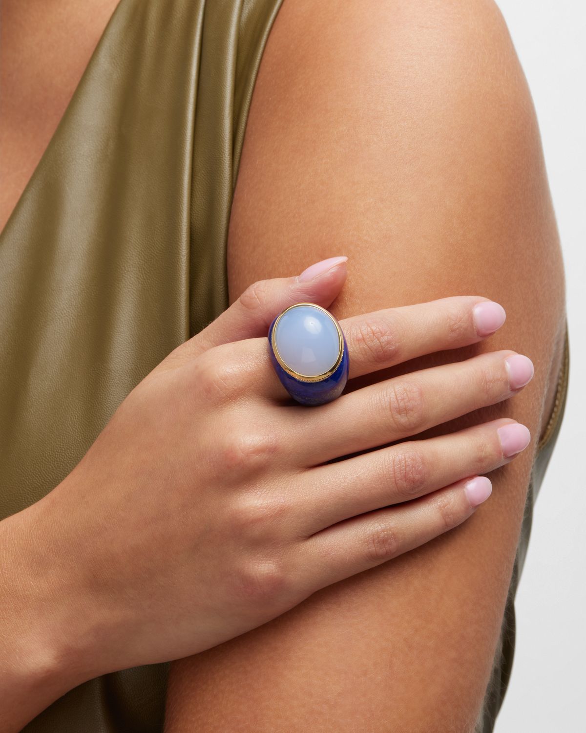 Sanalitro 18K Lapis Lazuli Ring with Chalcedony Cabochon and Diamonds, Size 6-8