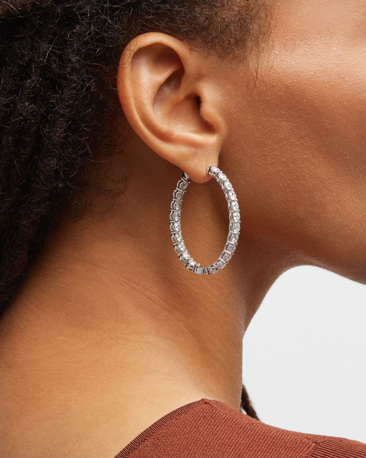 Neiman Marcus Diamonds 18K White Gold Oval-Shape Diamond GH/SI Medium Hoop Earrings, 10.71tcw, 1.5"L