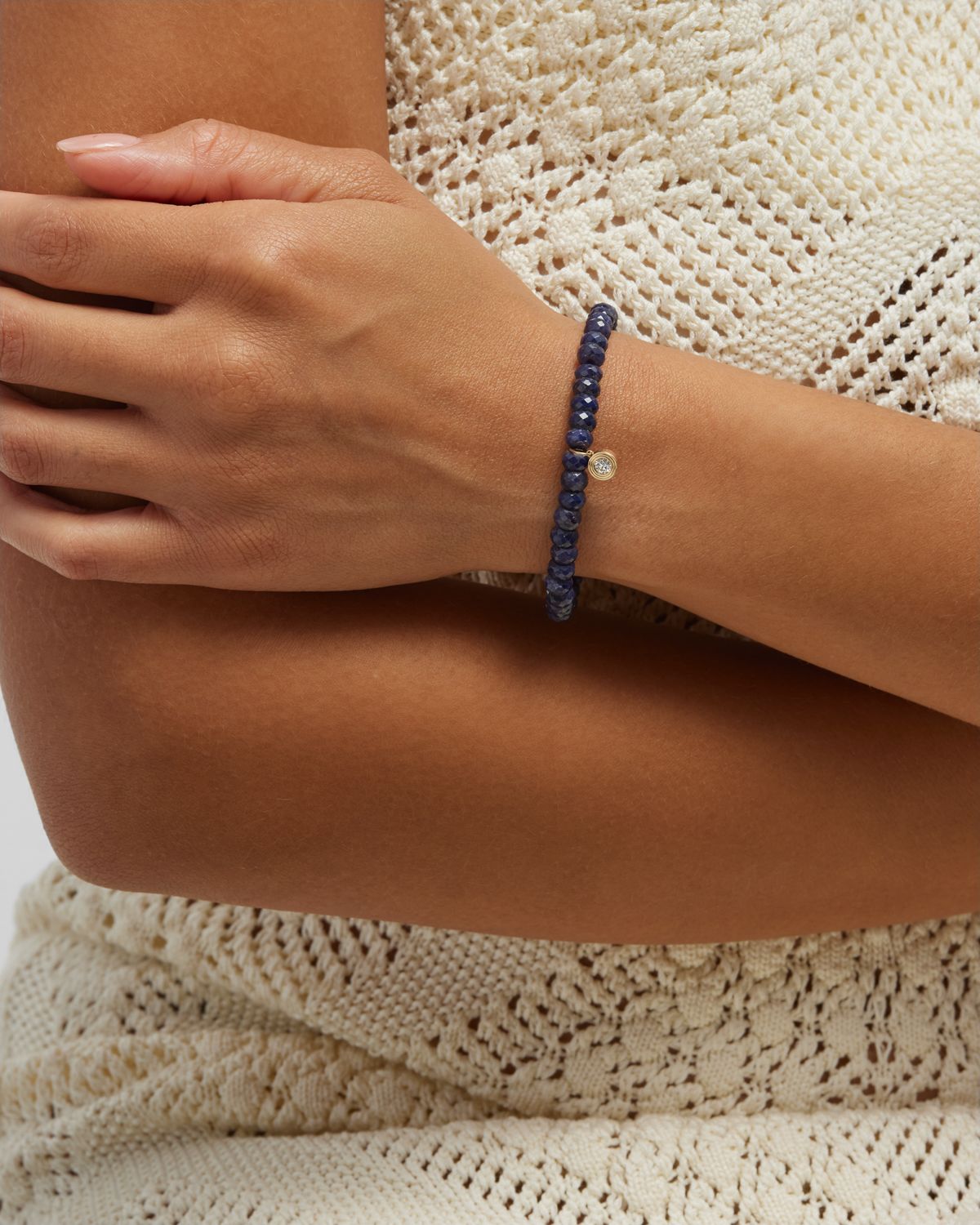 Sydney Evan 14K Gold Fluted Diamond Charm on Blue Sapphire Rondelle Bead Bracelet