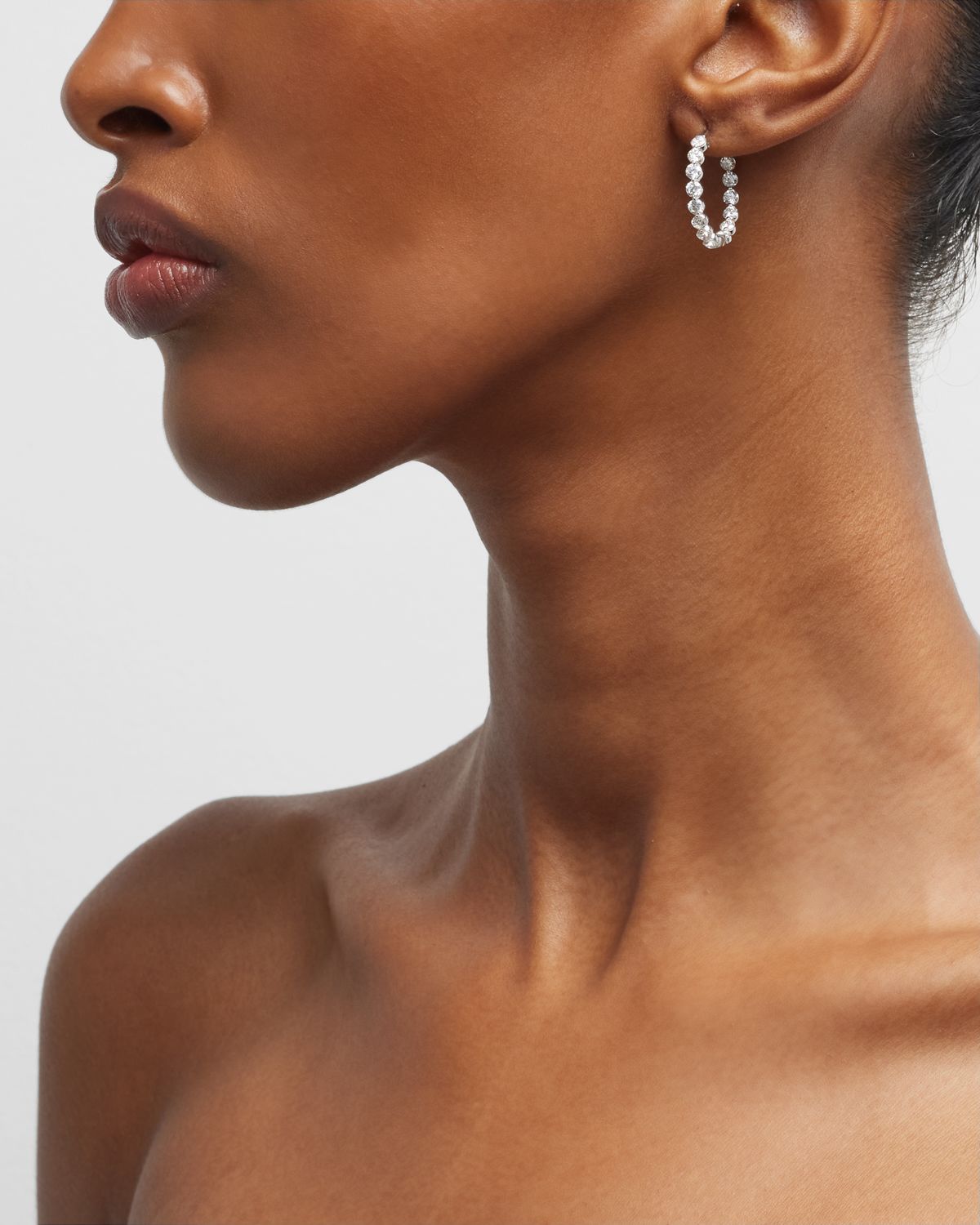 Neiman Marcus Diamonds 18K White Gold Round Diamond Hoop Earrings, 3.0tcw, 0.9"L x 0.12"W