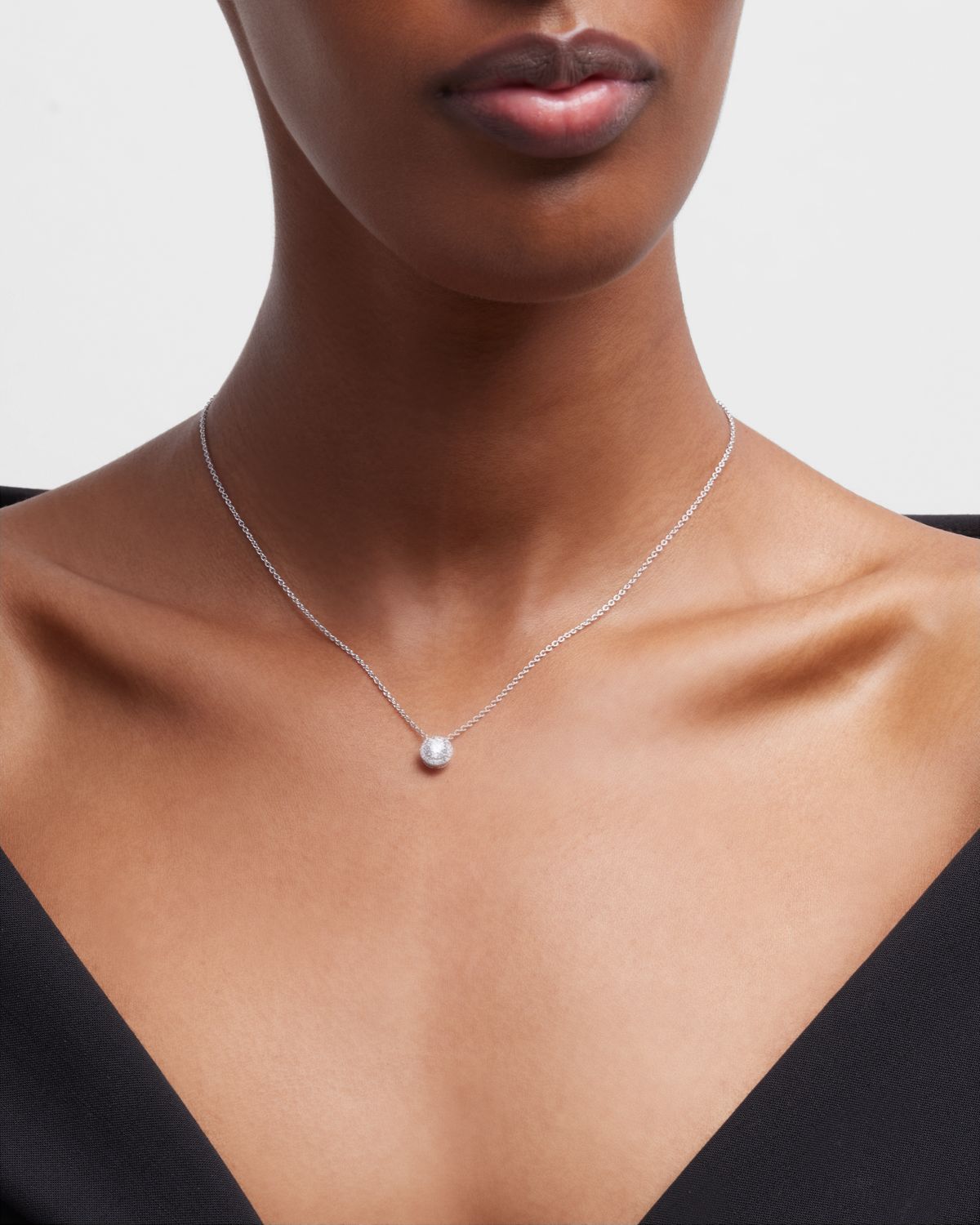 Neiman Marcus Diamonds 18K White Gold Round Diamond Halo Pendant Necklace, 18"L, 0.6tcw, 0.3" Pendant