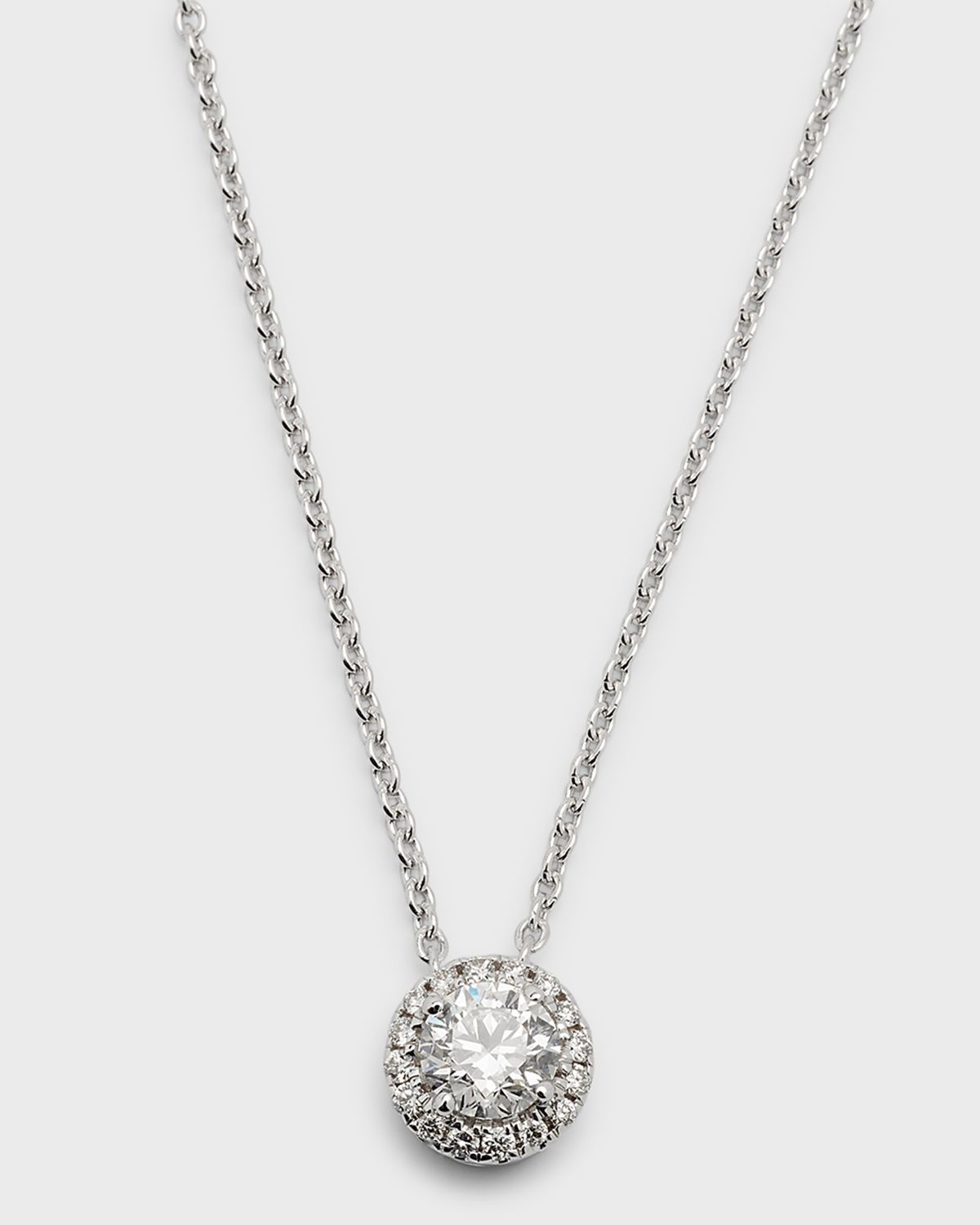 Neiman Marcus Diamonds 18K White Gold Round Diamond Halo Pendant Necklace, 18"L, 0.6tcw, 0.3" Pendant