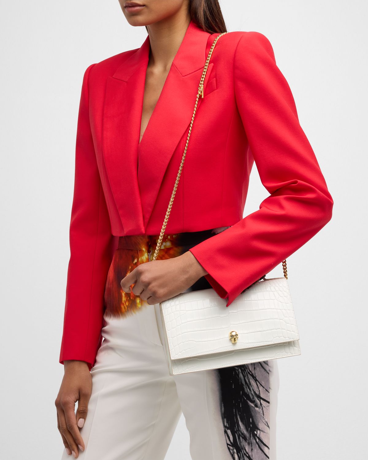 McQueen Medium Skull Croc-Embossed Top-Handle Bag