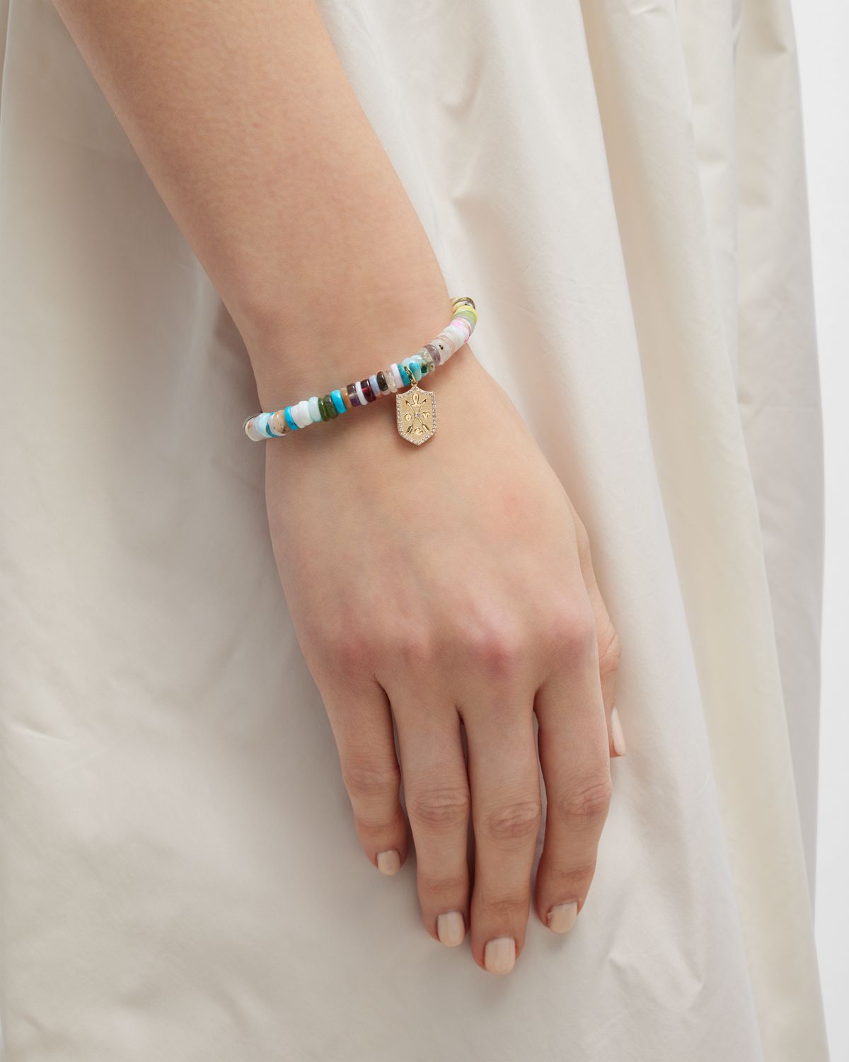 Sydney Evan 6mm Rainbow Heishi Bracelet With Small Diamond Shield Charm